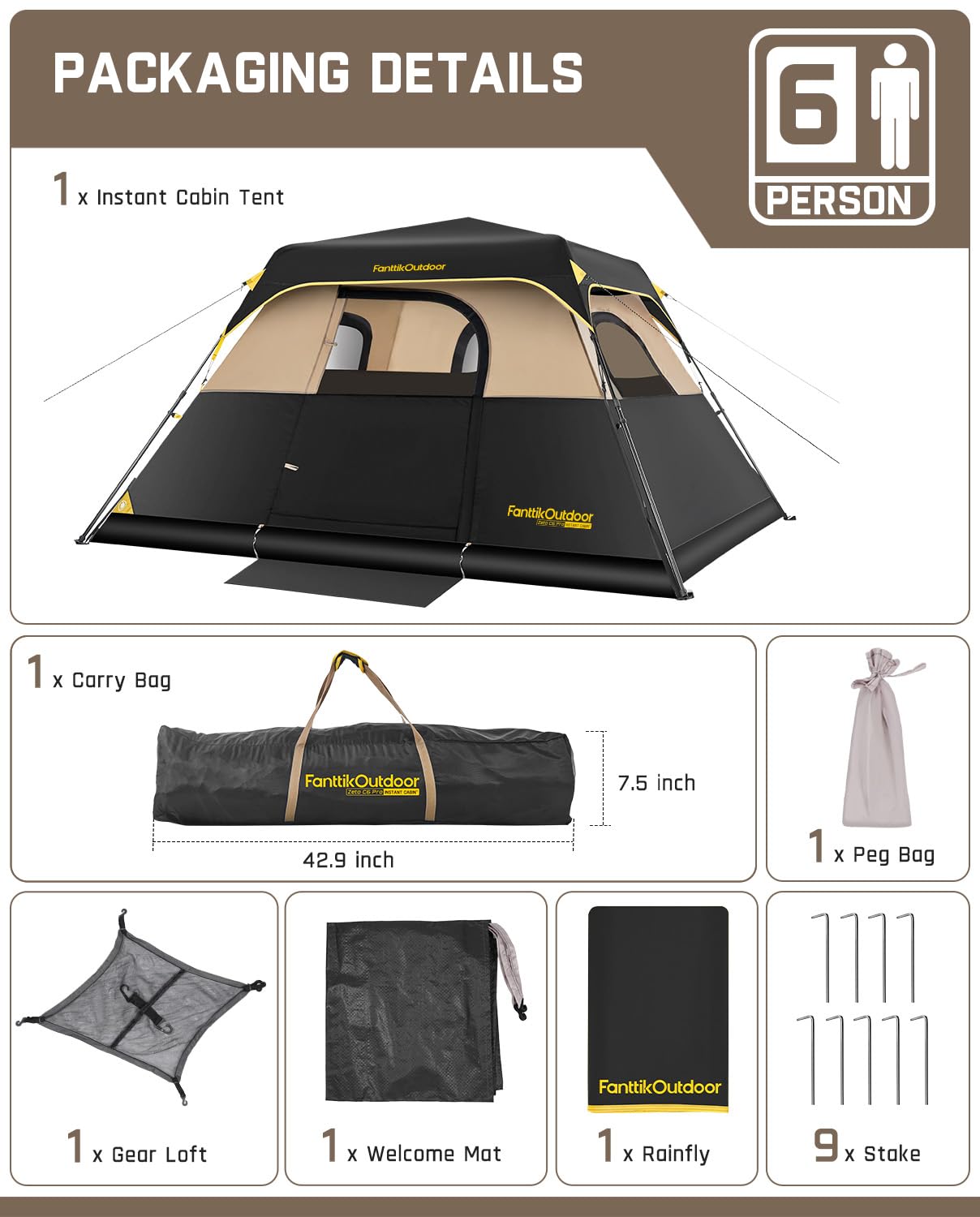 Fanttik Instant Cabin Tent for 4/6/8/10 Person - 60 Second Setup, Waterproof Rainfly & Windproof Design - Portable Camping Tent with Carry Bag for Family Camping, Hiking, Backpacking & Outdoor Adventures