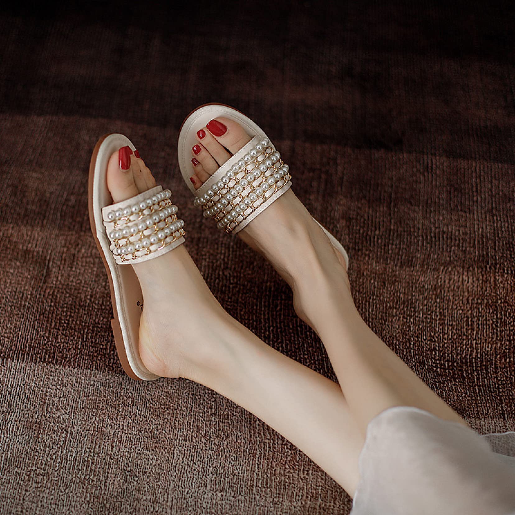 Women's Comfortable Pearl Beaded Flat Slide Sandals - Open Toe Single Band Summer Slippers for Beach, Poolside & Casual Wear