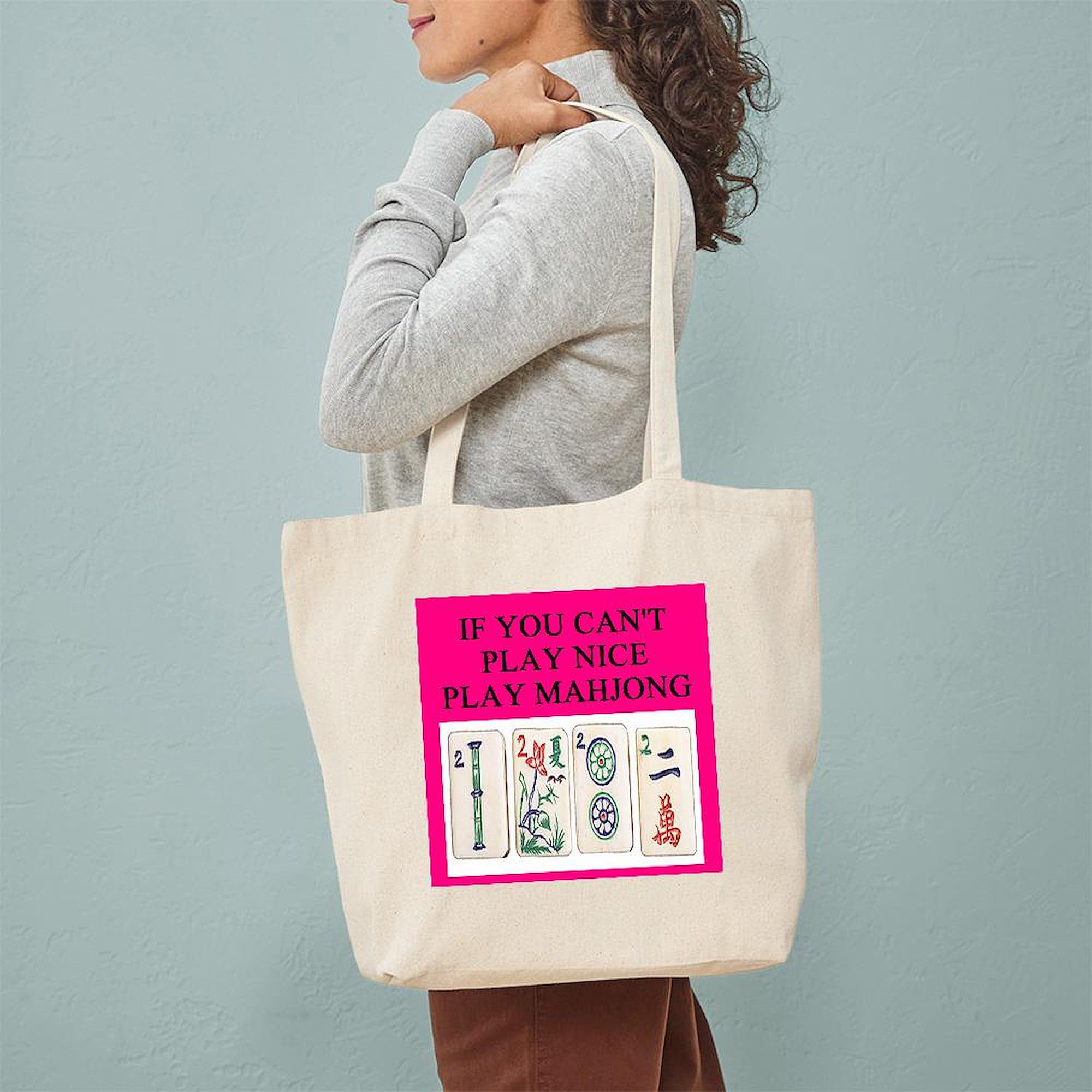Mahjong Player Gifts - Funny Mahjong T-Shirts & Reusable Canvas Tote Bag - Eco-Friendly Shopping Bag for Groceries, Beach & Daily Use