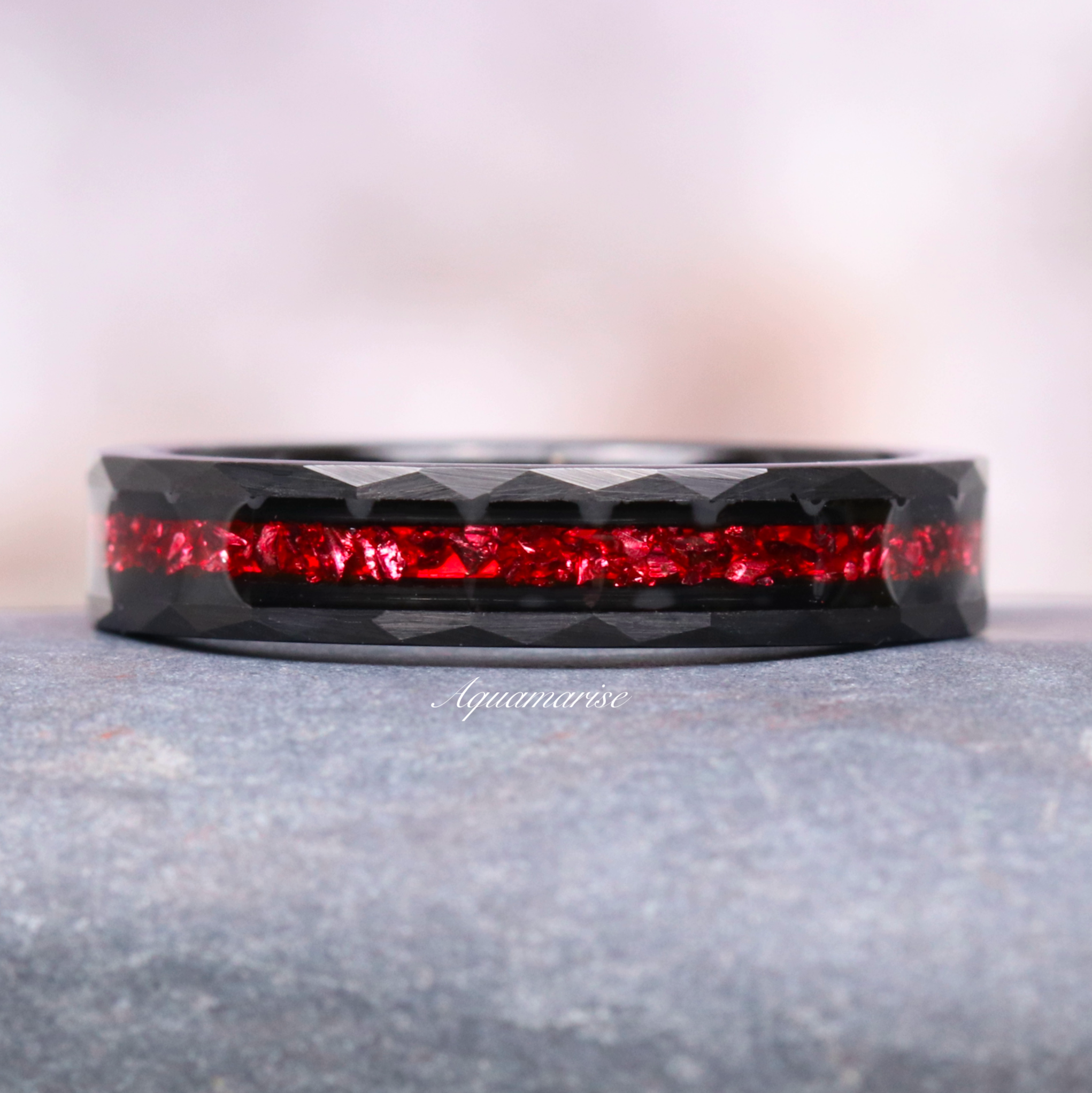 4MM Black Tungsten Wedding Band with Crushed Red Garnet - Durable & Elegant Ring for Men, Perfect for Engagement, Anniversary, and Special Occasions