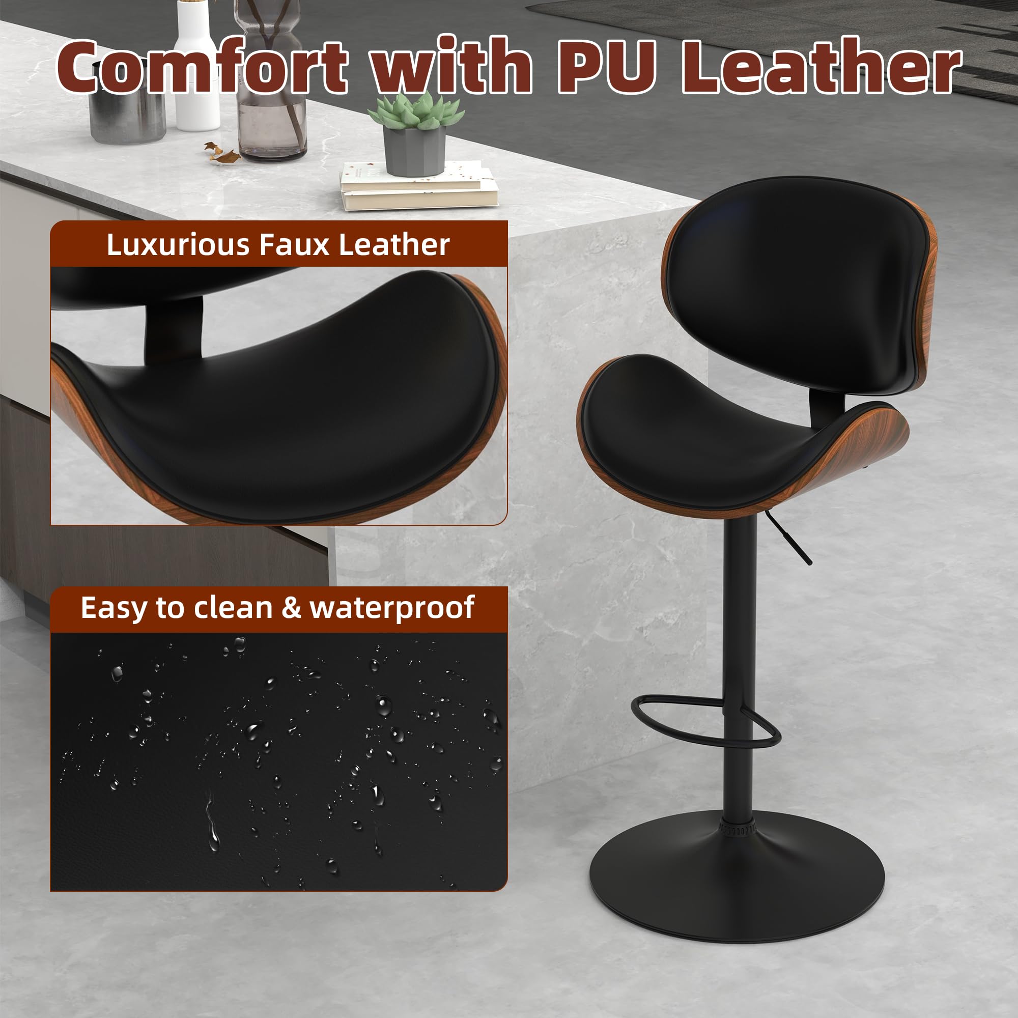 Civama 4-Piece Adjustable Swivel Bar Stool Set - Modern Kitchen Counter Height Stools with Bentwood Seat, Backrest & Footrest - PU Leather Bar Chairs for Kitchen Island, Dining Room, Restaurant & Home Bar Use