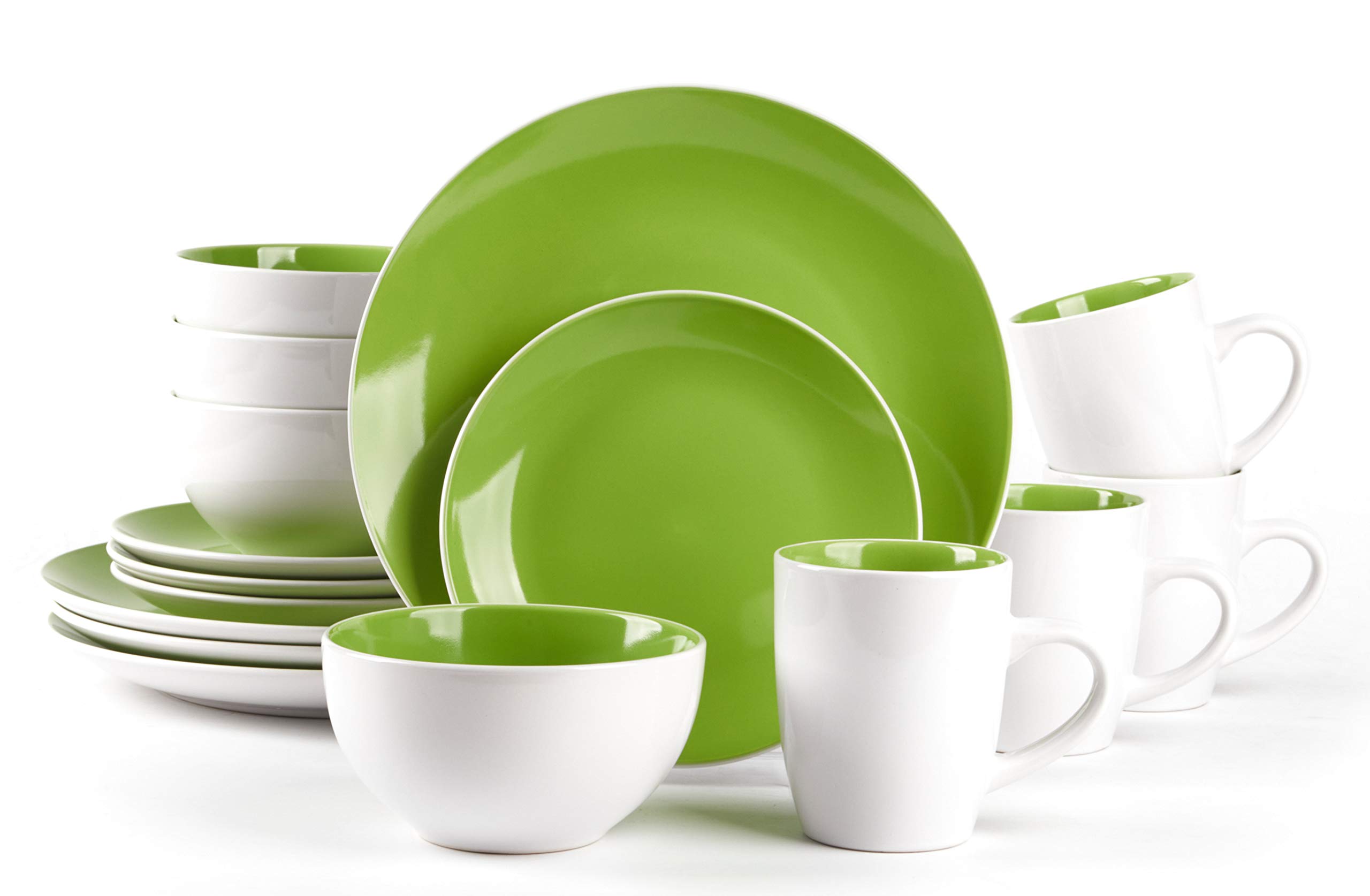 16-Piece Stoneware Dinnerware Set - White Exterior & Bamboo Interior - Elegant Coupe Shape for Everyday Dining & Entertaining