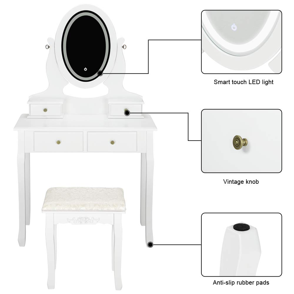 Bonnlo White Lighted Vanity Set with Mirror, Drawers & Cushioned Stool - Makeup Dressing Table for Teen Girls & Women | Perfect for Bedroom, Bathroom & Beauty Salon Decor