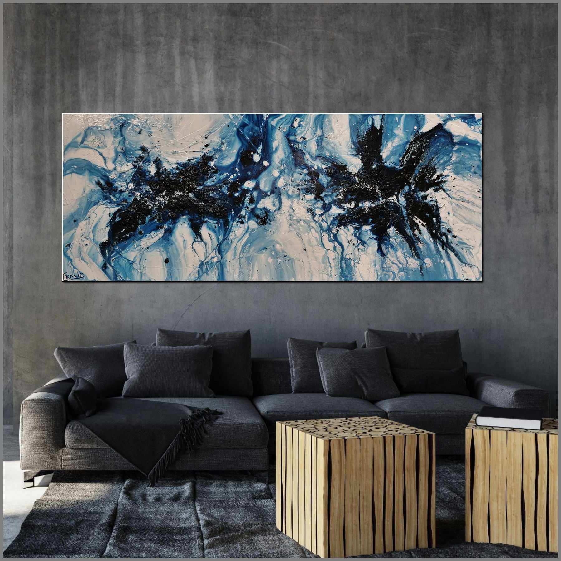 Midnight in the Hamptons 79x31 Inch Blue White Textured Abstract Canvas Art - Modern Wall Decor for Living Room, Bedroom & Office