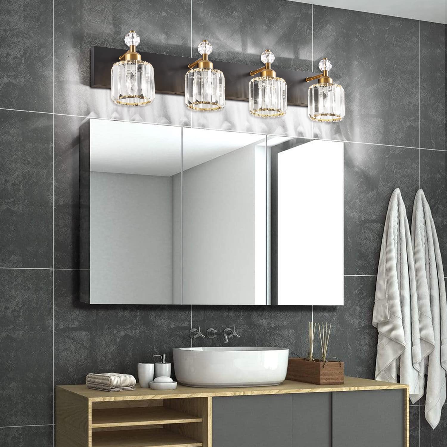 Vintage Black 3-Light Bathroom Vanity Fixture with Crystal Accents - Elegant Black 4-Light Bathroom Lighting for Modern & Classic Bathrooms, Powder Rooms & Dressing Areas