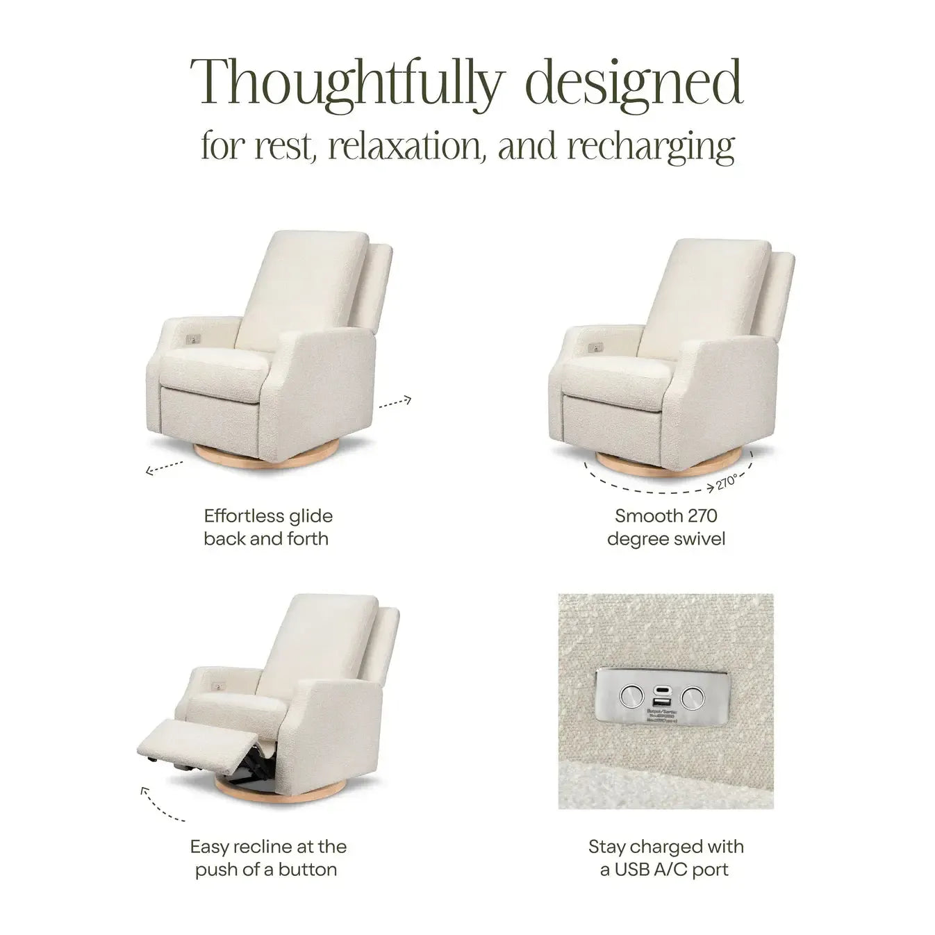 Namesake Crewe Electric Recliner & Swivel Glider Chair with Wood Base - Ivory Boucle Fabric | Modern Living Room Furniture for Relaxing & Entertaining