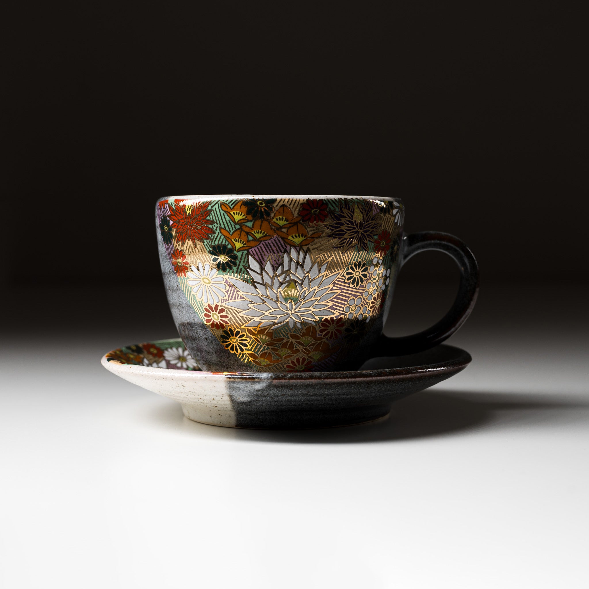 Premium Kutani Ware Tea Cup and Saucer Set - Japanese Hand-Painted Floral Design (Hanazume) - Elegant Tea Ceremony, Home Decor, Gift for Tea Lovers