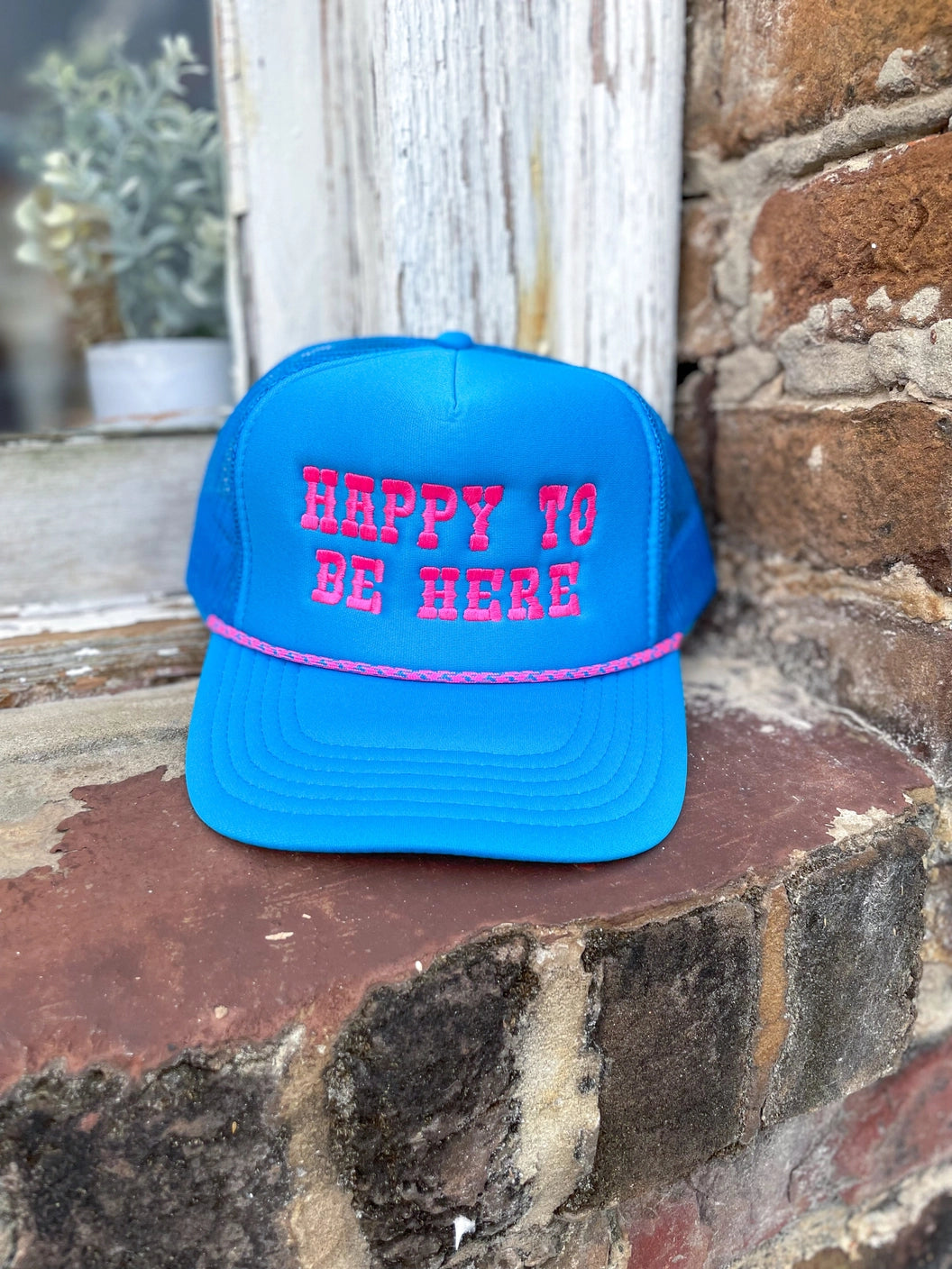 Happy To Be Here Trucker Hat - Adjustable Mesh Back Baseball Cap for Men & Women - Perfect for Outdoor Activities, Sports, and Casual Wear