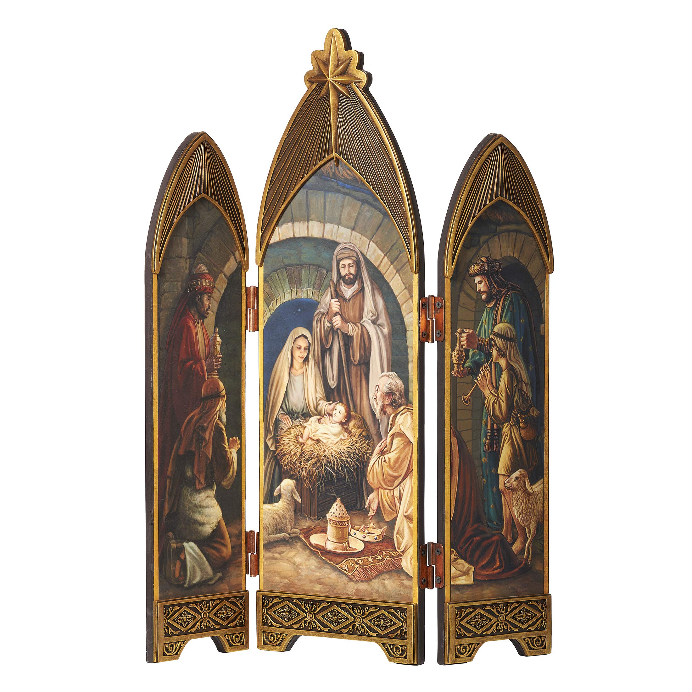 Joseph's Studio by Roman - Faux Oil Paint Nativity Triptych, Holy Family with Shepherds and Three Kings, Tri-Fold Religious Art with Gold Relief Applique Trim, 28