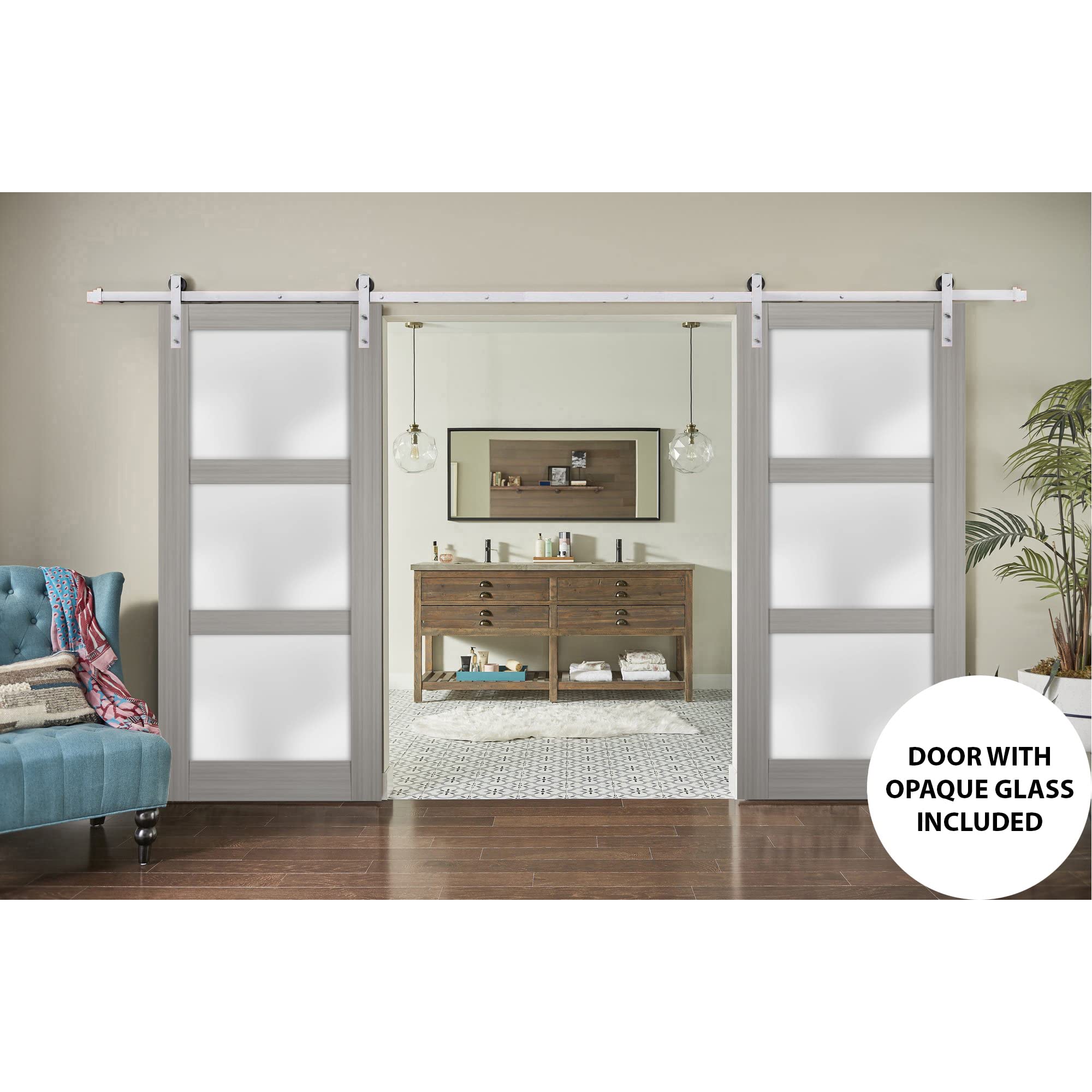 Lucia 2552 Grey Ash 56 x 96 Inch Frosted Glass Double Barn Door with 13FT Stainless Steel Rail Hangers - Heavy Duty Solid Panel Interior Sliding Door for Bedroom, Closet, or Farmhouse Style Home