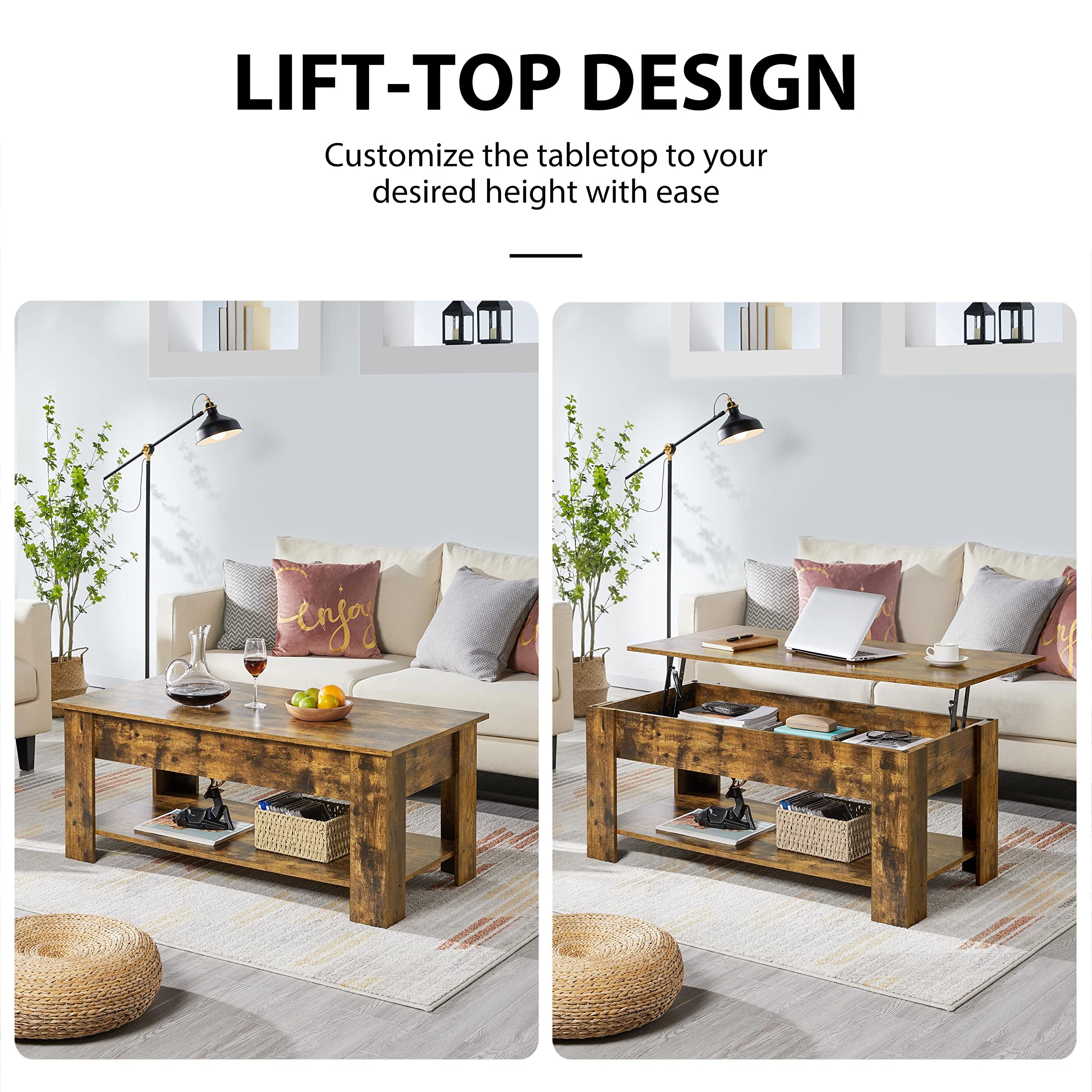 Topeakmart Lift Top Coffee Table with Hidden Storage Compartment & Adjustable Tabletop - Rustic Brown 47.5