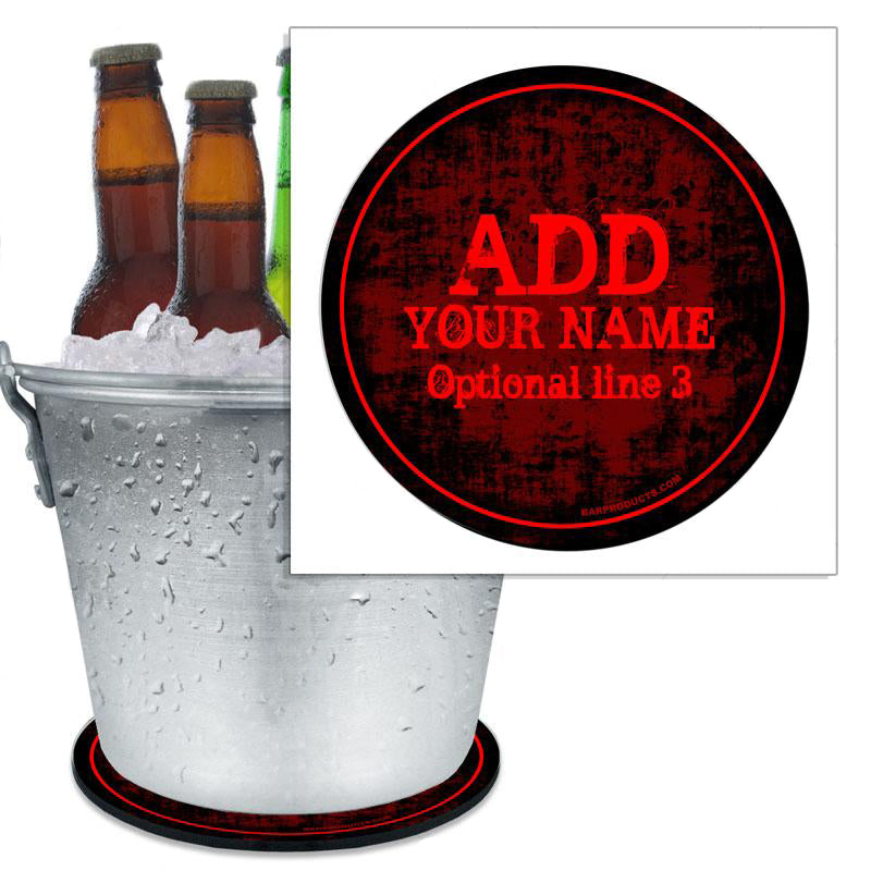Personalized Beer Bucket Coaster - Red Grunge Design | Custom Name Bar Drink Coasters for Pubs, Parties & Home Bars