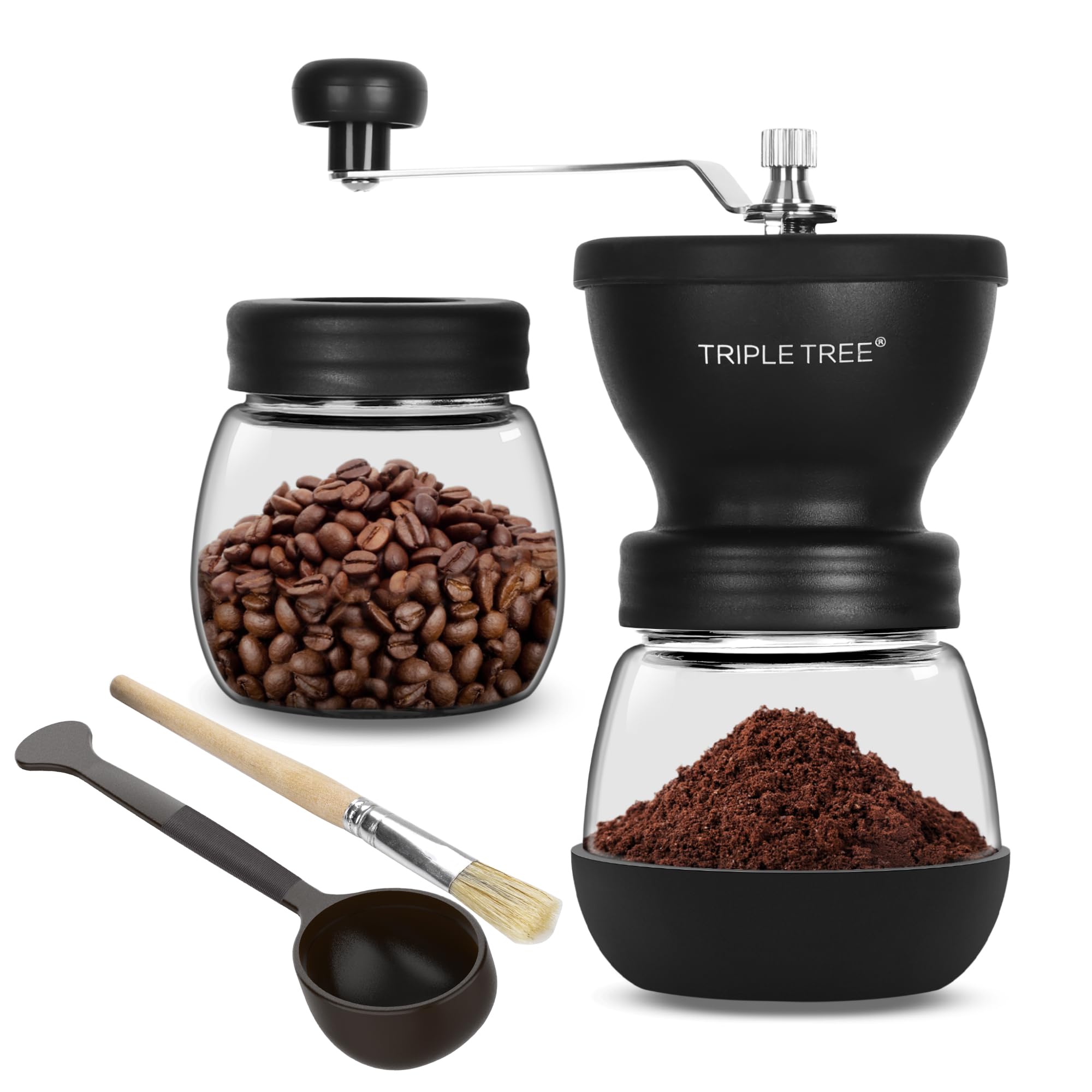 Premium Manual Coffee Grinder with Ceramic Burrs - Adjustable Coarse to Fine Settings, Extended Stainless Steel Handle & 2 Glass Jars (11oz Each) - Includes Brush & Tablespoon Scoop - Perfect for Home, Office, Camping & Travel - Durable Portable Coffee Bean Mill for Espresso, French Press & Pour Over Brewing