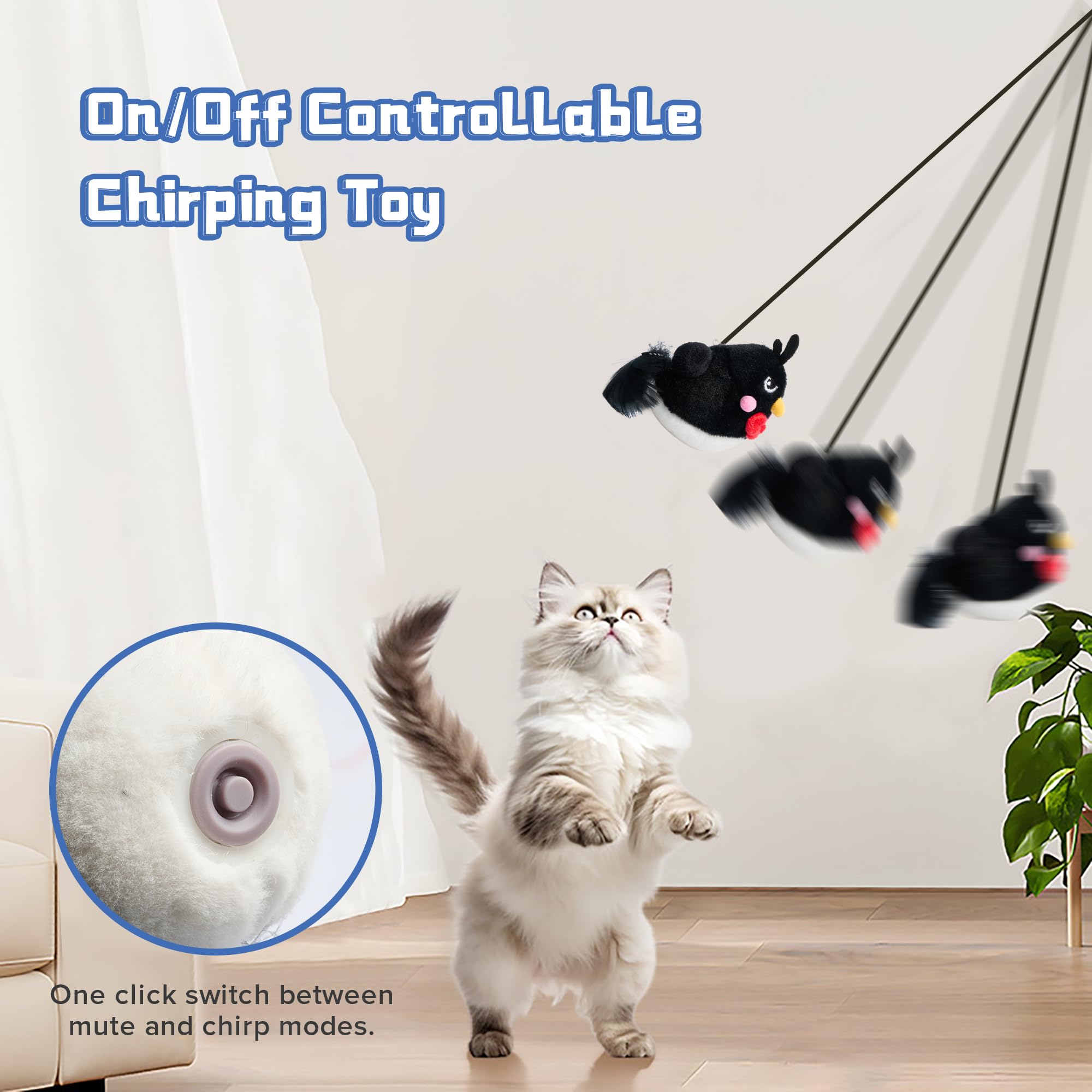 Interactive Chirping Bird Cat Toy - Hanging Retractable Teaser with Catnip for Indoor Cats - Chase Exercise & Play - Perfect for Teaser Stick & Playtime (1pc, Black)