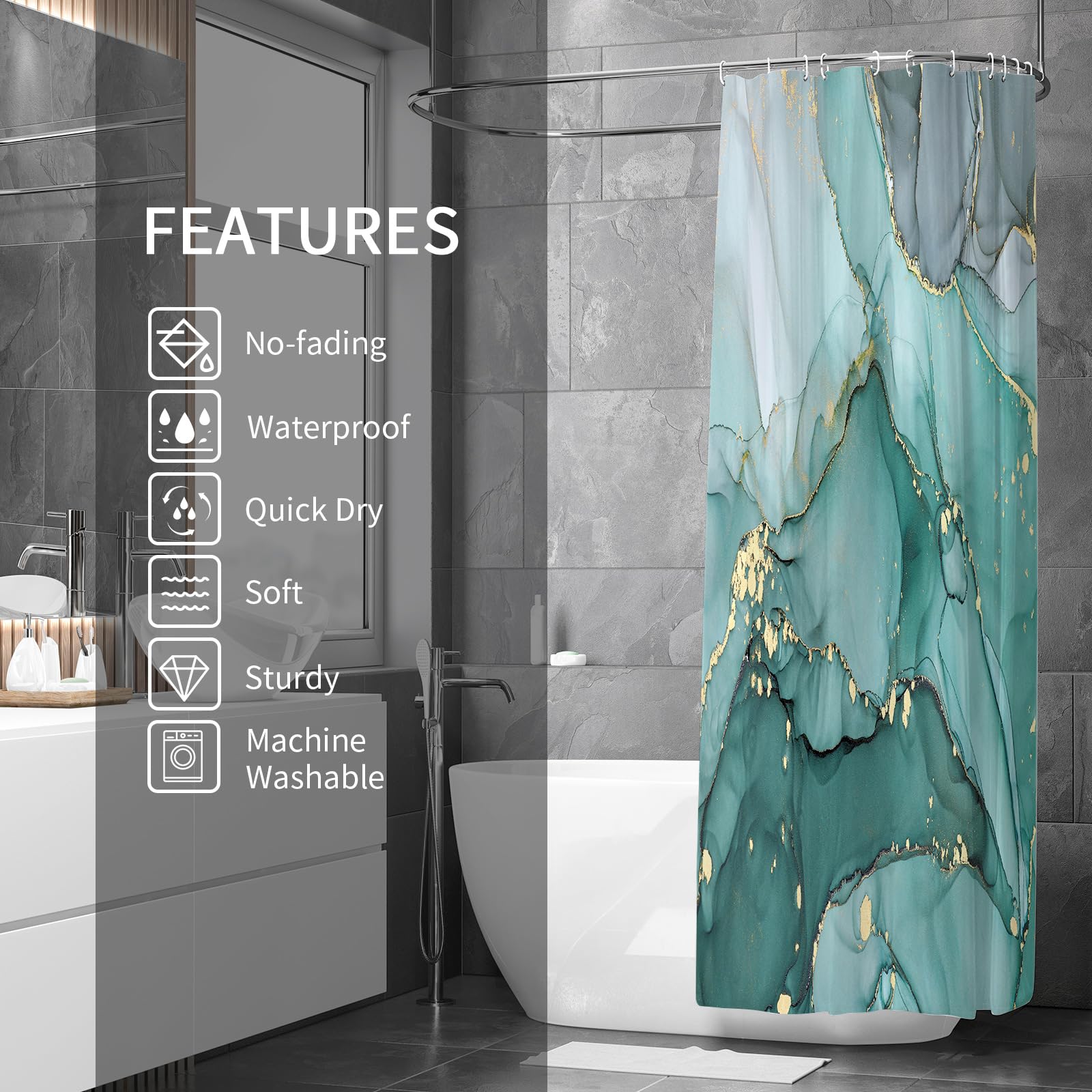 Gibelle Abstract Teal Marble Shower Curtain - Waterproof Fabric Bathroom Decor with Hooks, 72x72 Inches, Modern Ink Art Design for Spa-Like Shower Experience