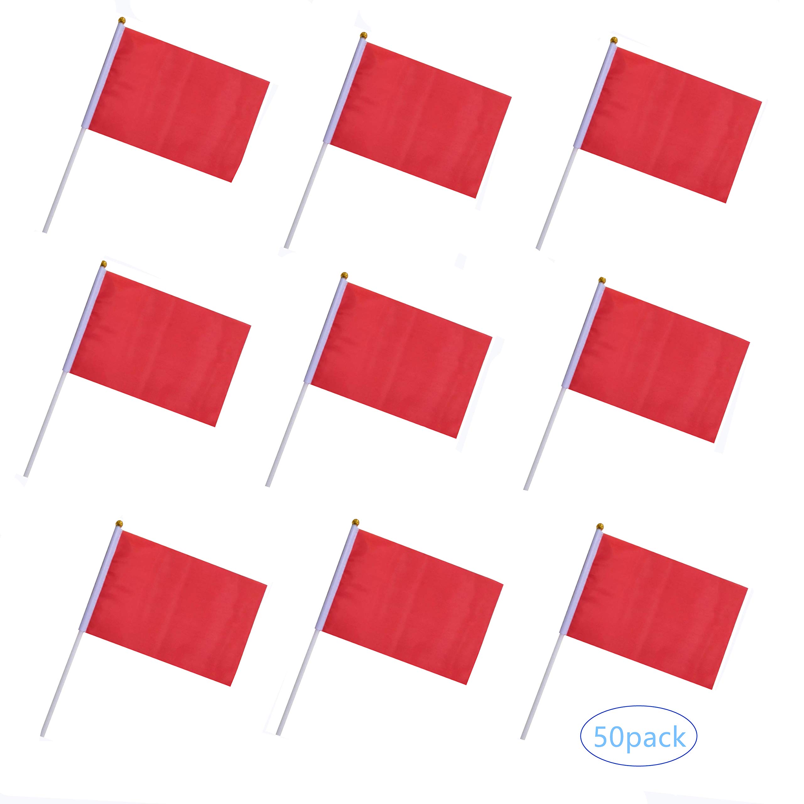 50 Pack Small Red Stick Flags - Hand Held Mini Flags for Themed Parties, Sports Clubs, Festivals & Events - Perfect for Decorations, Parades, Rallies and Outdoor Celebrations