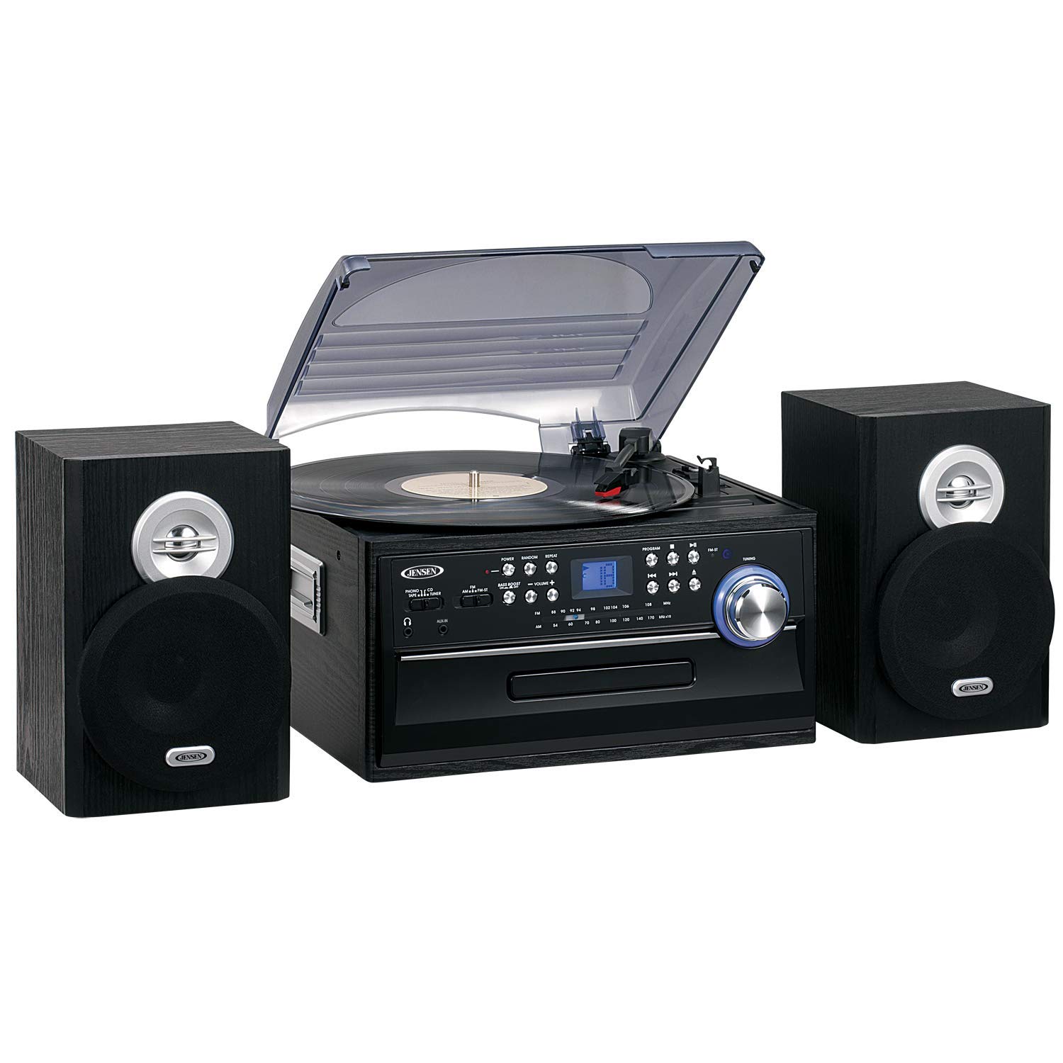 JENSEN JTA-475B 3-Speed Stereo Turntable with CD Player, Cassette Deck & AM/FM Radio - Perfect for Vinyl Record Playback, Music Listening & Home Entertainment System