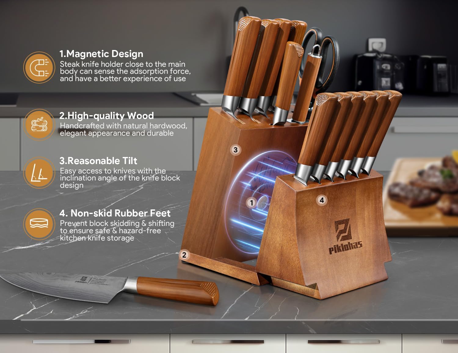 Premium 15-Piece Kitchen Knife Set with Magnetic Detachable Holder - High Carbon Steel Damascus Chef & Steak Knives - Perfect Housewarming Gift for Home Chefs & Cooking Enthusiasts (Ideal for Meal Prep, BBQ, and Gourmet Cooking)
