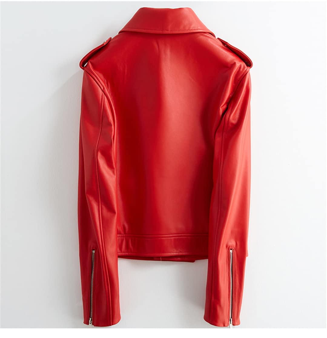 Women's Red & Black Faux Leather Biker Jacket - Long Sleeve Motorcycle Coat for Spring & Fall | Soft Vegan Leather Jacket for Riding, Casual Wear & Night Out