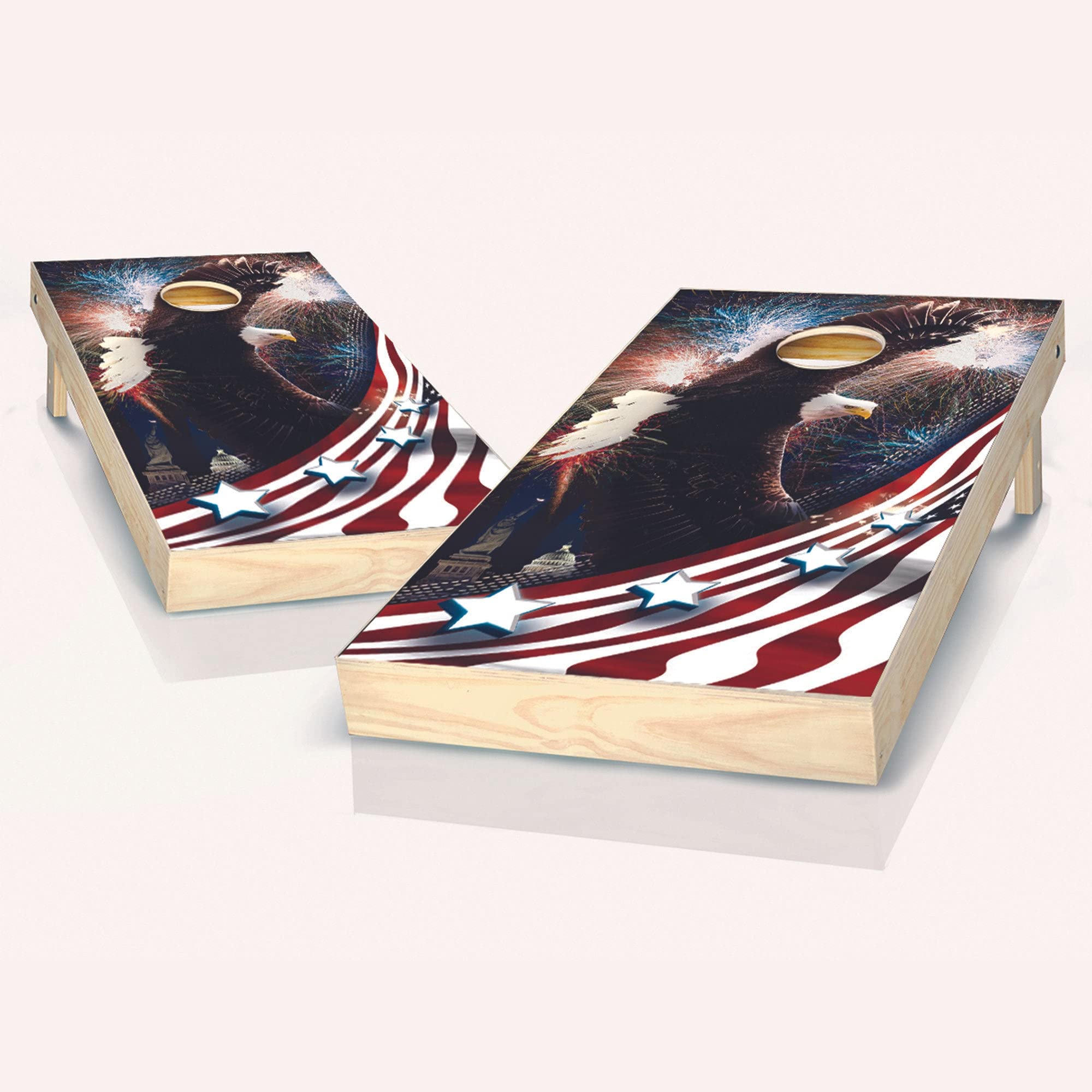 Skip's Garage Bald Eagle Fireworks Cornhole Game Set - 2 Boards & 8 Bags with Custom Accessories - Patriotic Outdoor Lawn Games for Backyard BBQs, Tailgating, and 4th of July Parties