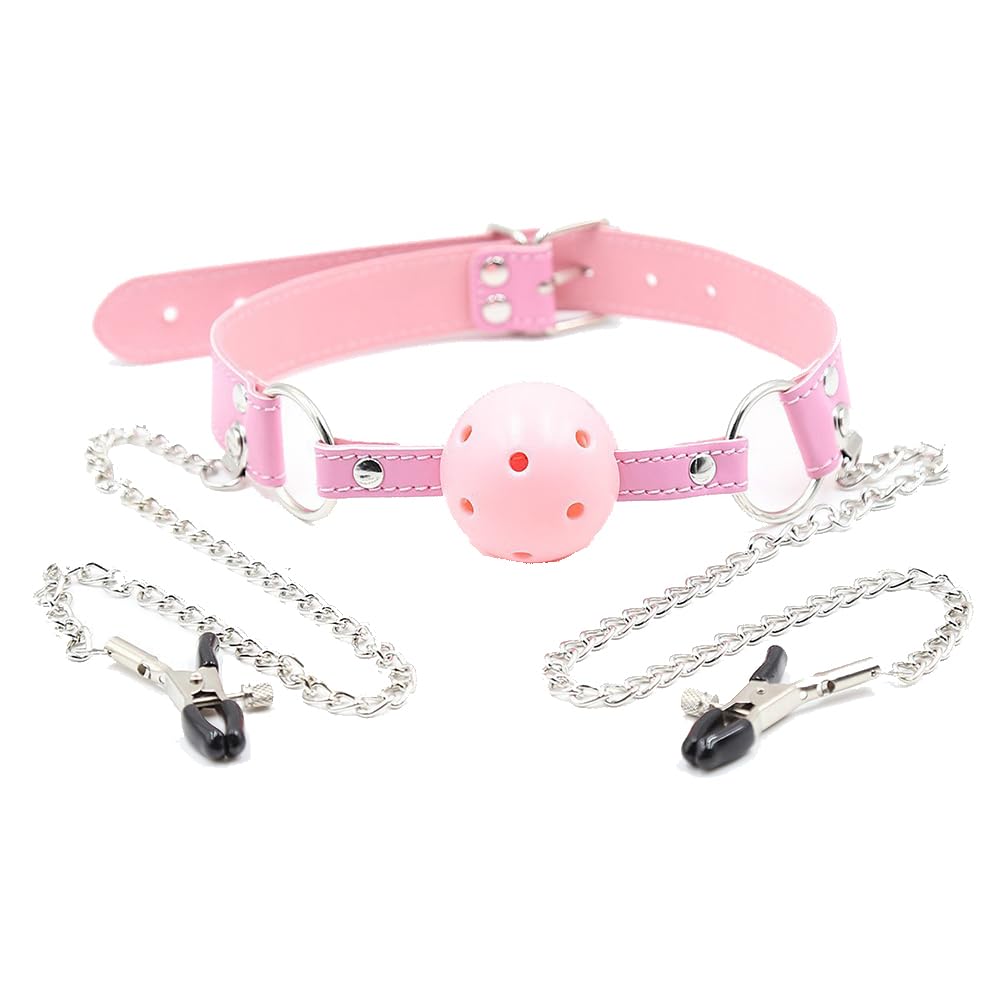Pink BDSM Ball Gag & Nipple Clamps for Fetish Play