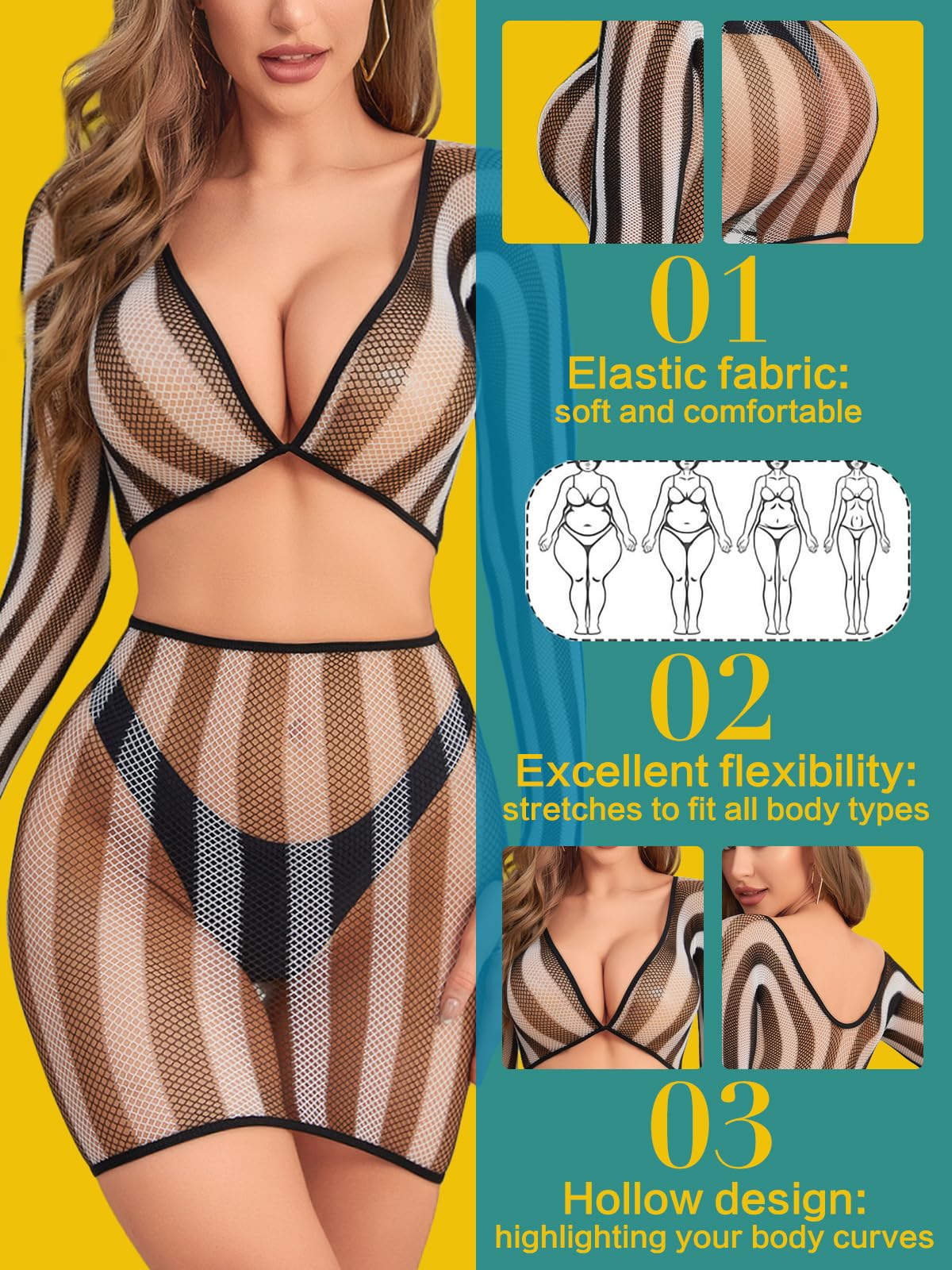 Sexy Women's Mesh Lingerie Fishnet Babydoll Mini Dress Bodysuit - See Through Long Sleeve Lace Lingerie for Valentine's Day & Romantic Nights - Plus Size Available