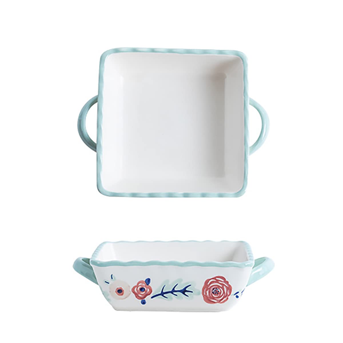 Bicuzat 8 Inch Ceramic Baking Dish with Handles - Hand-Painted Floral Oven Safe Brownie Pan, Casserole Dish & Lasagna Pan - Light Blue Bakeware for Oven to Table Serving (1 Piece) - Perfect for Baking, Roasting & Elegant Dinner Parties