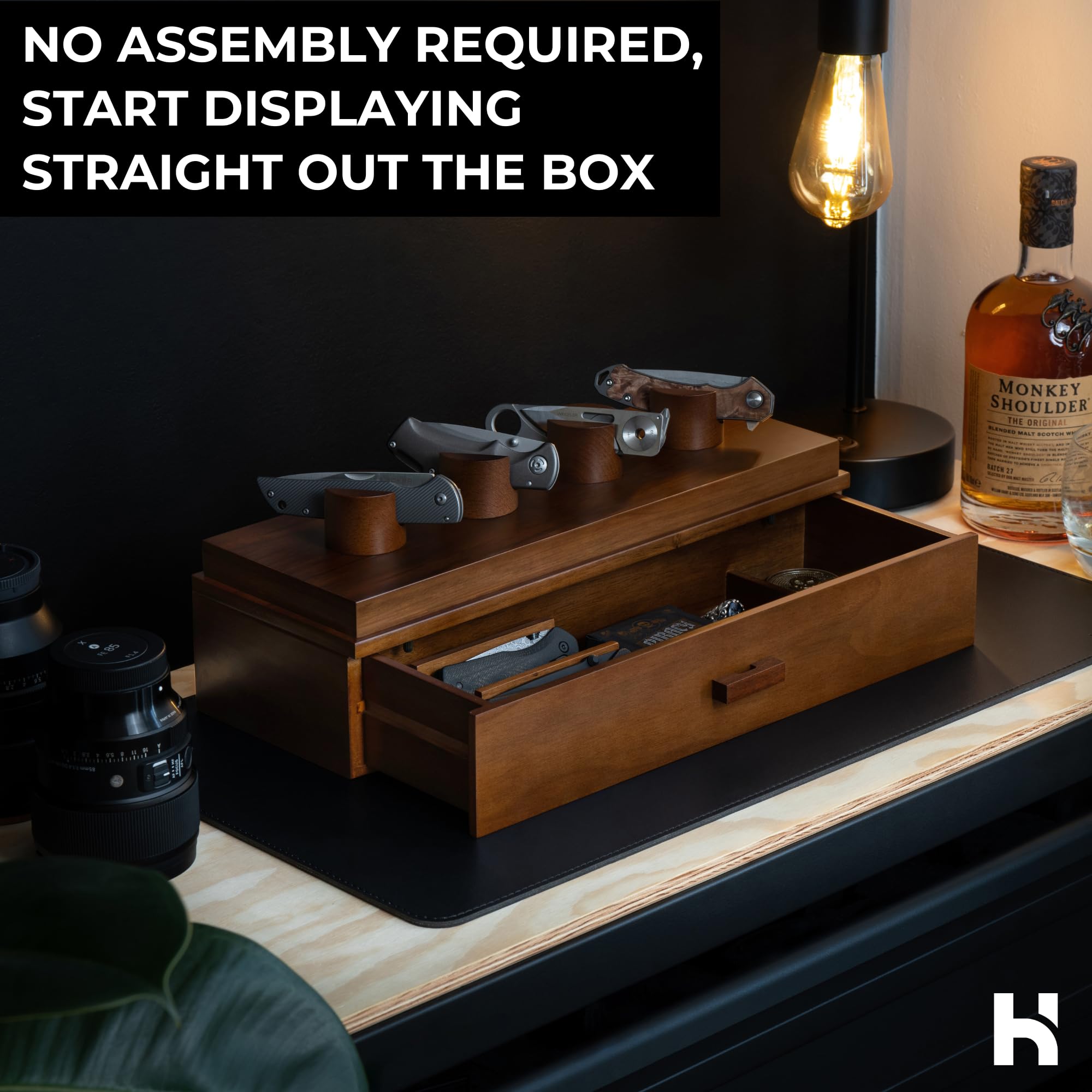 Premium Knife Deck – 6-Pocket Wooden Knife Display Case with Accessory Drawer | Perfect Knife Organizer & Collector's Gift for Men | Lifetime Warranty | Ideal for Home, Office, or Camping Use