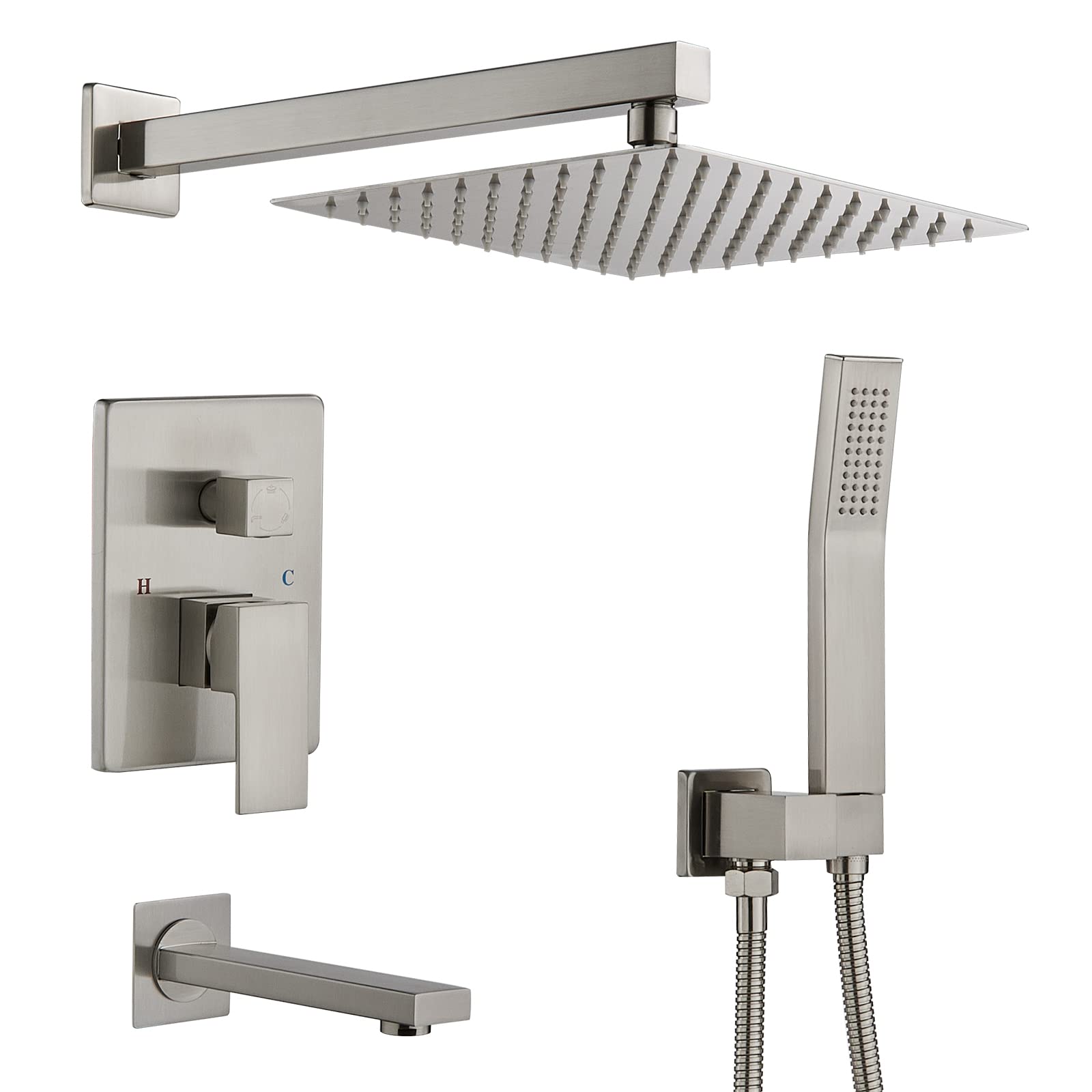 ROVOGO All Metal Brushed Nickel Bathtub Shower Faucet Set - 10 Inch Square Rain Shower Head with Handheld Sprayer, Tub Spout & Valve Trim Kit | Perfect for Modern Bathroom Renovations & Spa-Like Shower Experience