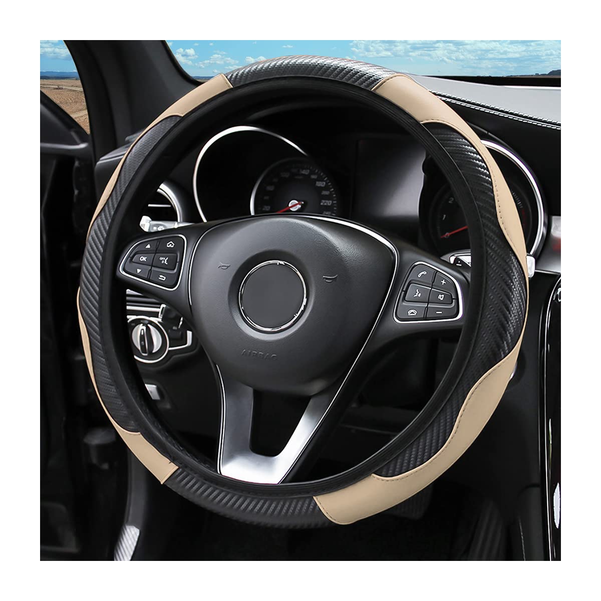 Premium 15 Inch PU Leather Carbon Fiber Steering Wheel Cover - Breathable, Anti-Slip, Elastic Stretch Design - Universal Fit for Most Cars - Enhances Grip & Comfort (Beige) - Perfect for Daily Commutes & Road Trips