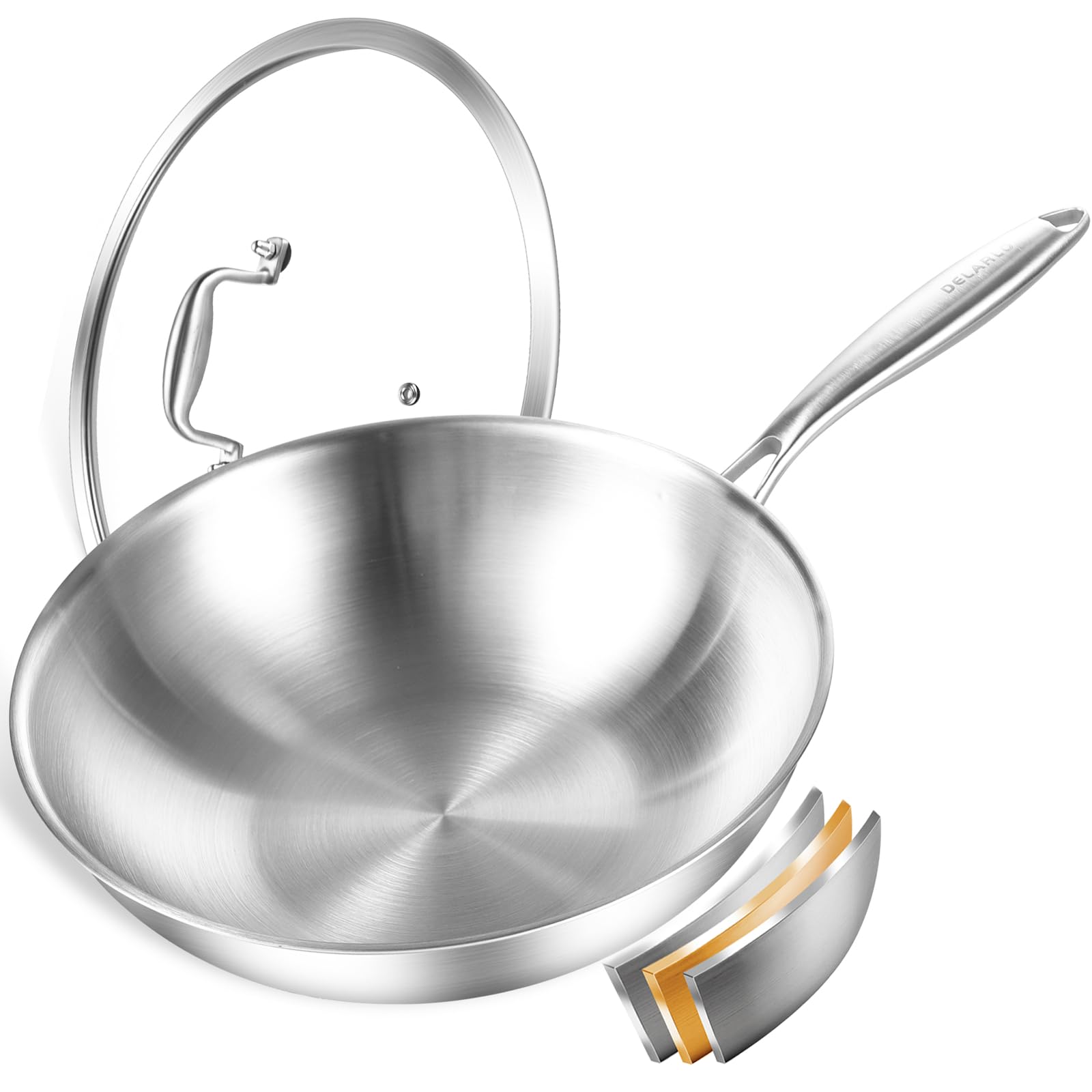 DELARLO 12.5 Inch Tri-Ply Stainless Steel Wok Pan - Induction Compatible Flat Bottom Stir Fry Pan with Glass Lid - Wide & Deep Cooking Surface for Gas, Electric & Glass Top Stoves (Up to 600°F) - Perfect for Asian Stir Fry, Sautéing, Deep Frying & Family Meals