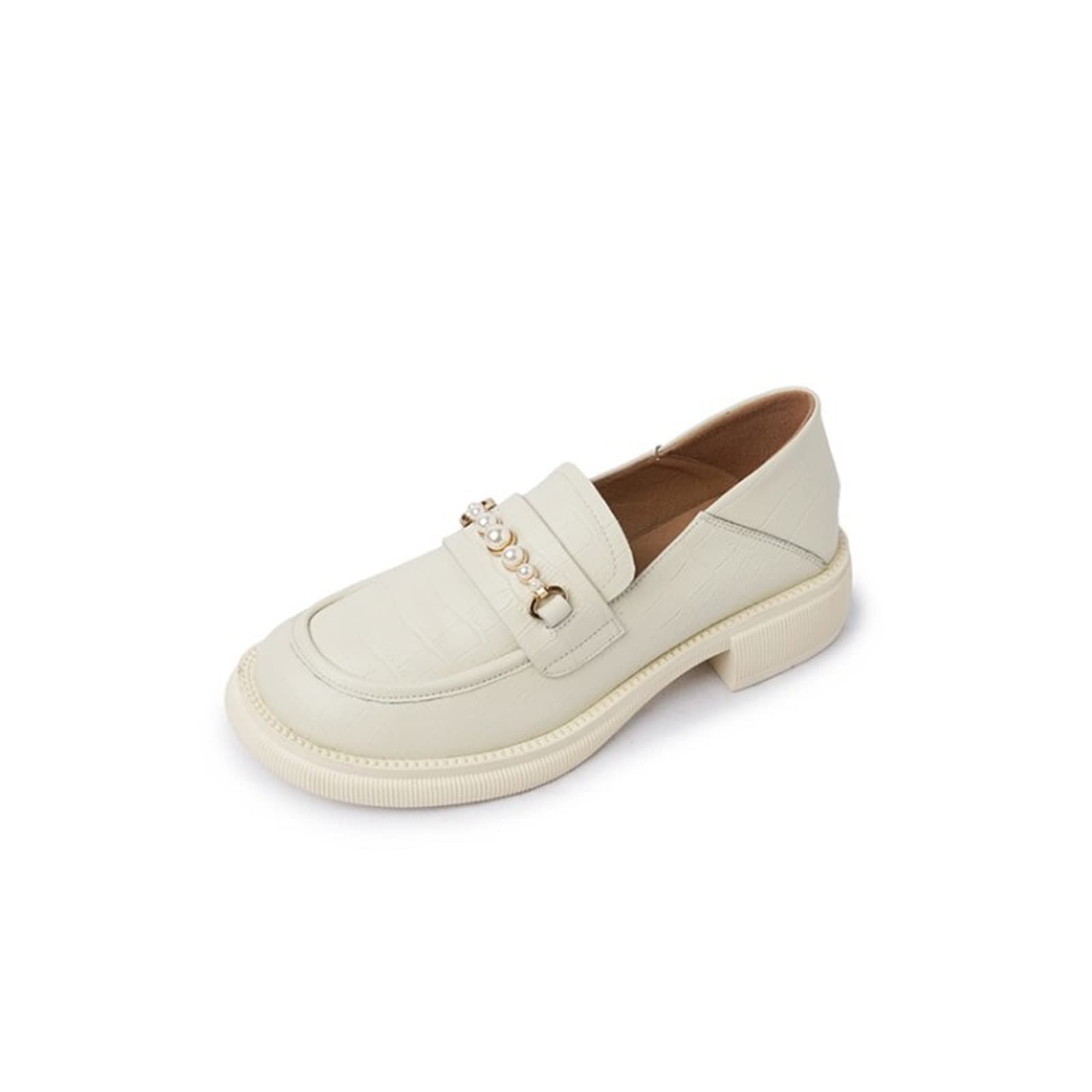 LTHW Women's Loafers - Spring & Autumn Fashion Shoes for Women | Genuine Split Leather Pumps with Pearl Decoration | Round Toe & Thick Heel Comfortable Slip-Ons (Off White, Size 39) - Perfect for Office, Casual Wear & Special Occasions