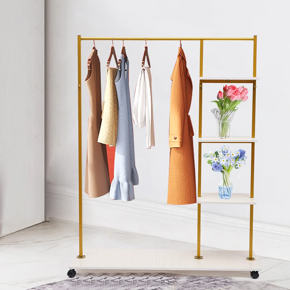Gold Iron Garment Rack with Universal Wheels & Shelves - Heavy Duty Square Wedding Dress Display Stand for Bridal Shop, Home Storage & Clothing Store | Perfect for Wedding Dress Organization, Retail Display & Home Closet Storage