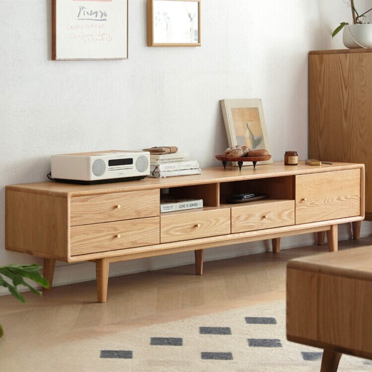 Solid Oak Wood TV Stand - Modern Entertainment Center with Storage Shelves for Living Room, Bedroom & Home Theater