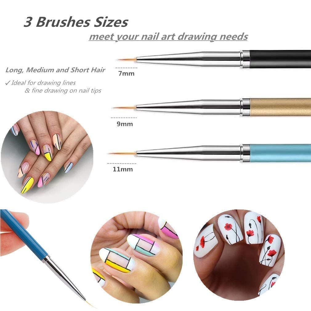 3pcs Red Square Nail Art Liner Brushes for UV Gel & Acrylic Nails - 7/9/11mm Nylon Brush Set with Dotting Pen - Professional Nail Design Tools for Salon & Home Manicure