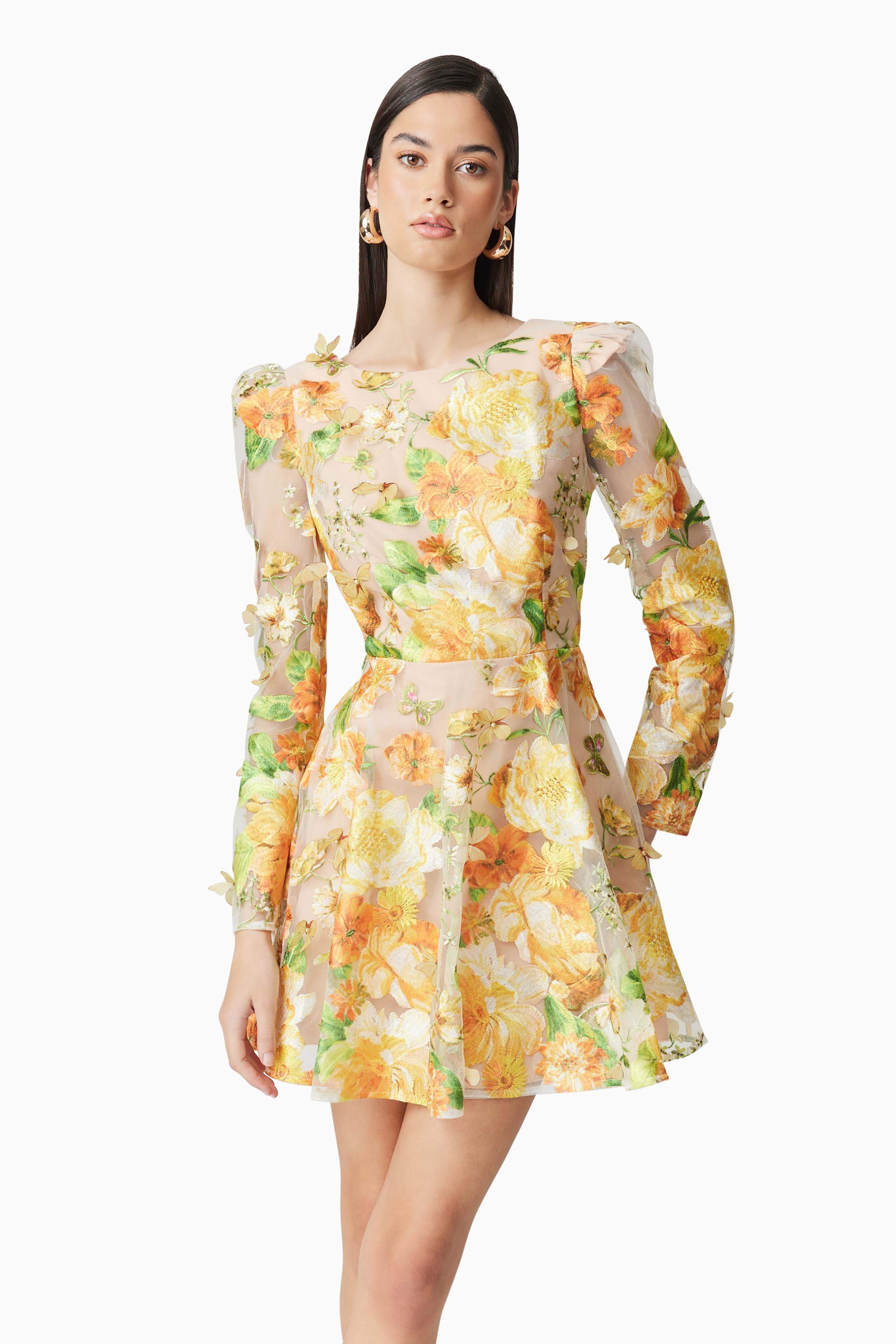 Aella Yellow Floral Embroidery A-Line Mini Dress for Women - Perfect for Summer Parties, Weddings & Casual Outings