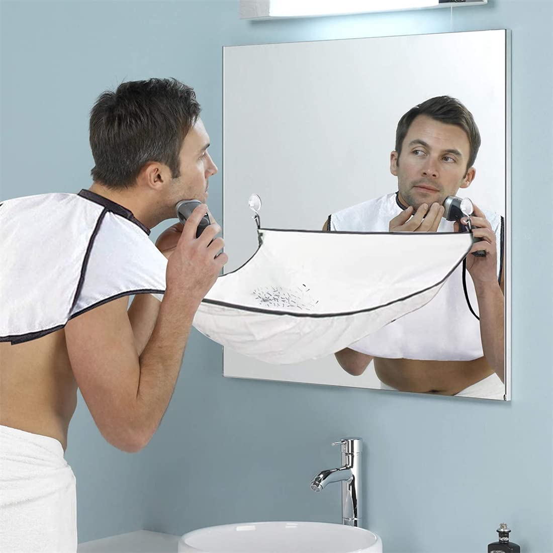 SAIJINZHI Men's Beard Shaving Apron - Waterproof Barber Cape for Beard Trimming & Grooming - Hair Catcher Bib with Pocket for Shaving Accessories - Bathroom Organizer for Men (White) | Perfect for Home Barbering, Salon Use & Travel Grooming Kit