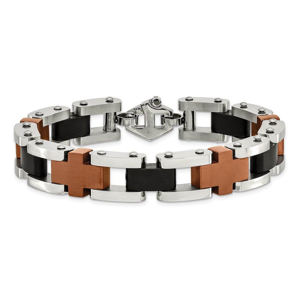 Men's Stainless Steel Black & Cognac Cross Link Bracelet - 8.75 Inch Adjustable Wristband for Casual & Formal Wear | Durable Fashion Accessory for Gifts, Office & Special Occasions