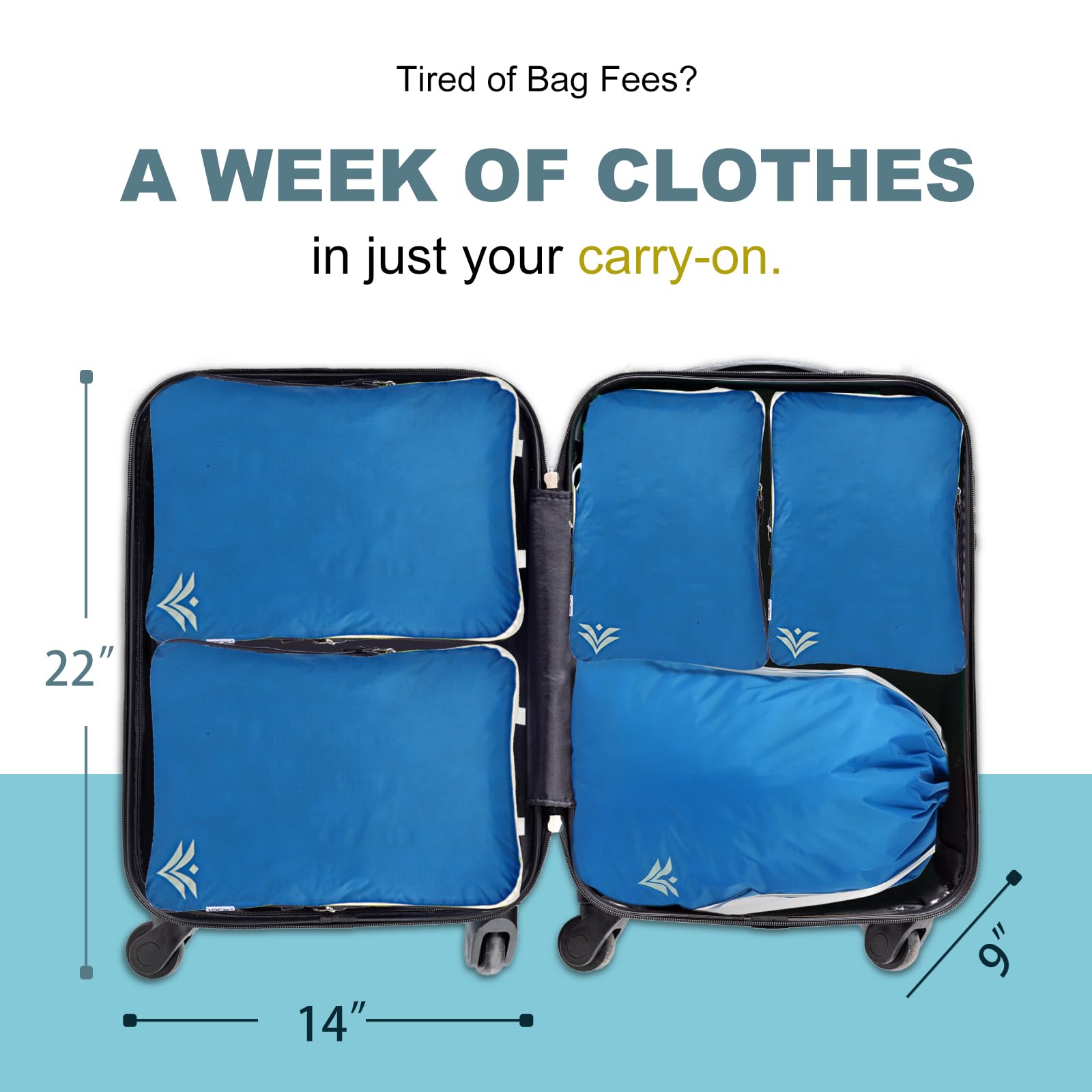 VDF Compression Packing Cubes for Travel - 2 Piece Set with Shoe Bag (Blue) | Luggage & Backpack Organizer | Space-Saving Travel Accessories for Vacation, Business Trips & Camping