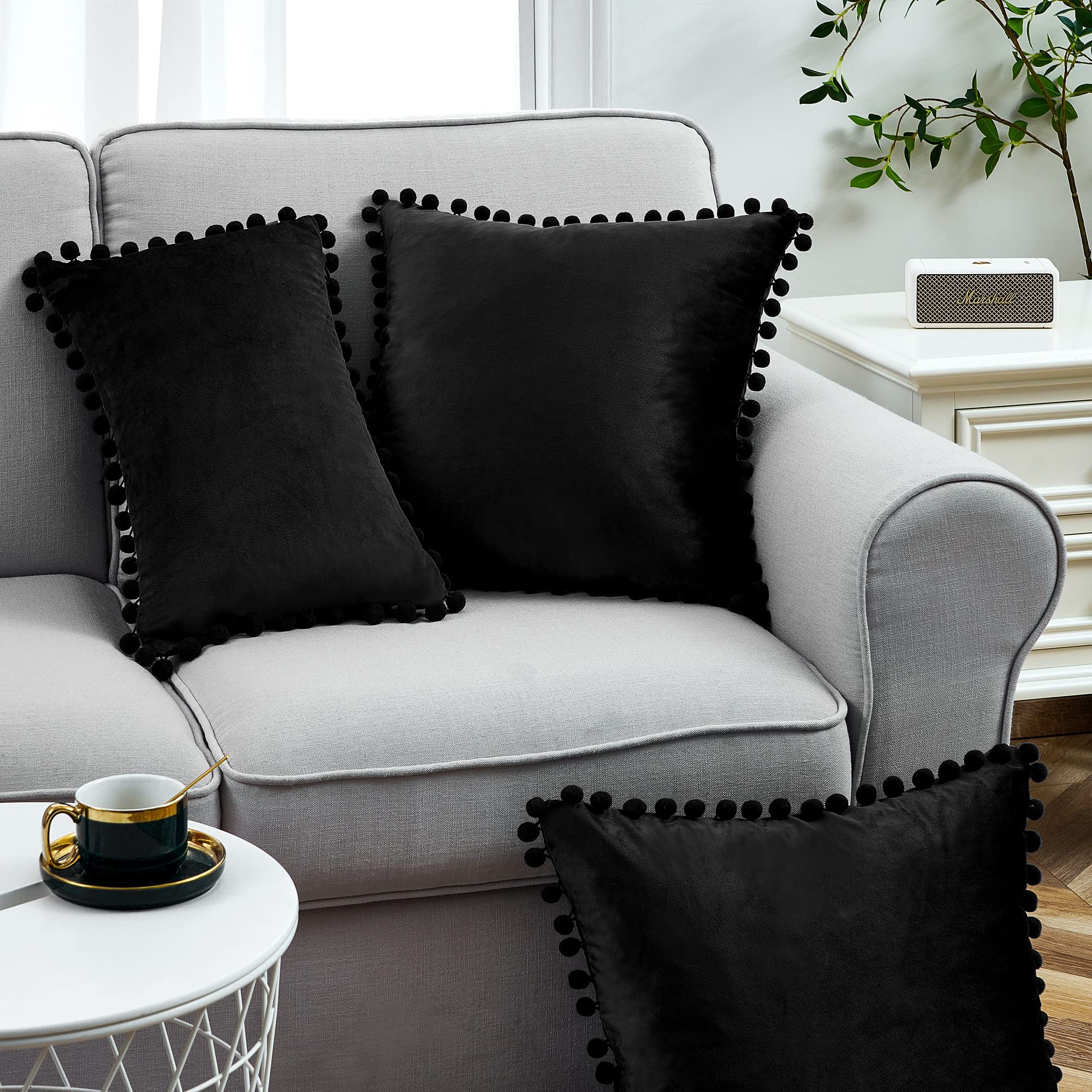 Luxury Velvet Decorative Throw Pillow Covers 20x20 Inch - Soft Black Pillow Cases with Pom Poms, Set of 2 for Couch, Bed, Sofa - Boho Chic Home Decor for Living Room, Bedroom & Office - Perfect for Spring, Easter & Cozy Home Styling