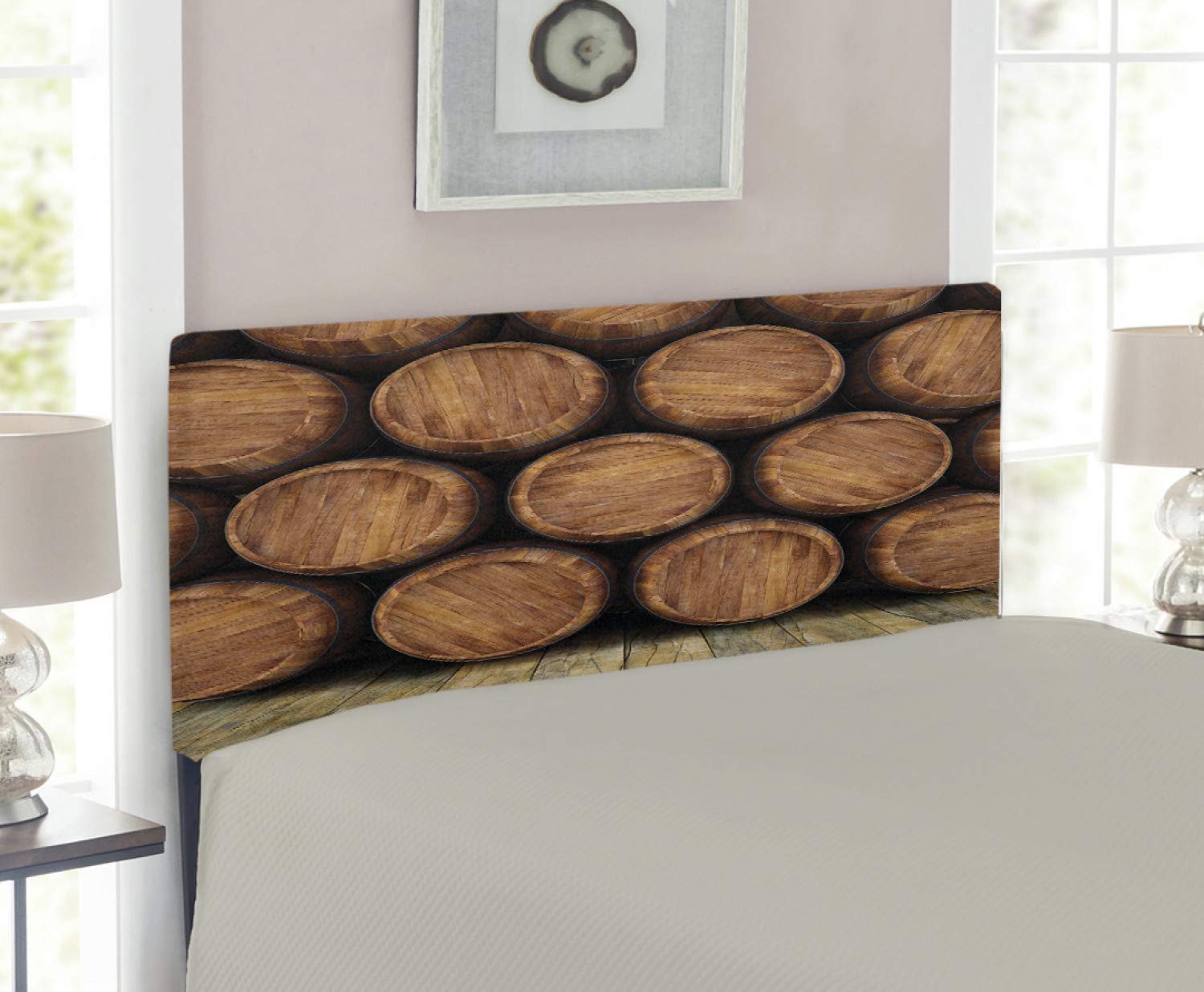 Ambesonne Vintage Wine Barrel Headboard - Rustic Wooden Barrels Design Upholstered Bed Headboard with Memory Foam, Twin Size Brown - Perfect for Wine Cellar Themed Bedroom, Rustic Decor & Farmhouse Style Homes