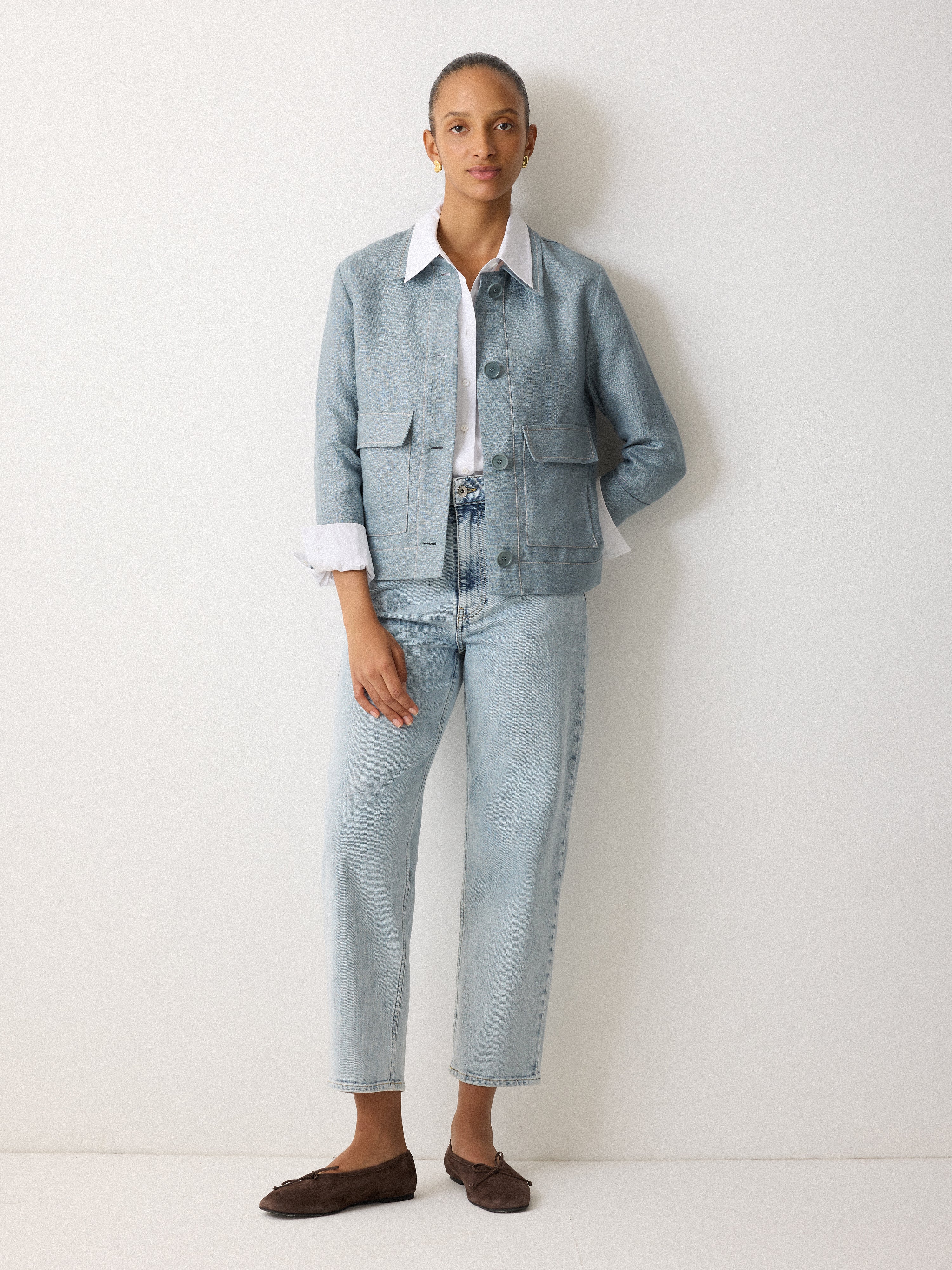 Linen Cropped Utility Jacket for Women - Light Blue Summer Jacket | Casual Outdoor Wear, Beach Cover-Up, Spring Layering Piece