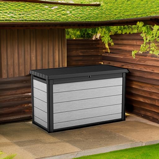 Keter Denali 200 Gallon Resin Deck Box with Double Wall 20mm Panels - Paintable & Drillable Outdoor Storage for Patio Furniture, Cushions, Pool Toys & Garden Tools - Grey & Black Weatherproof Organizer