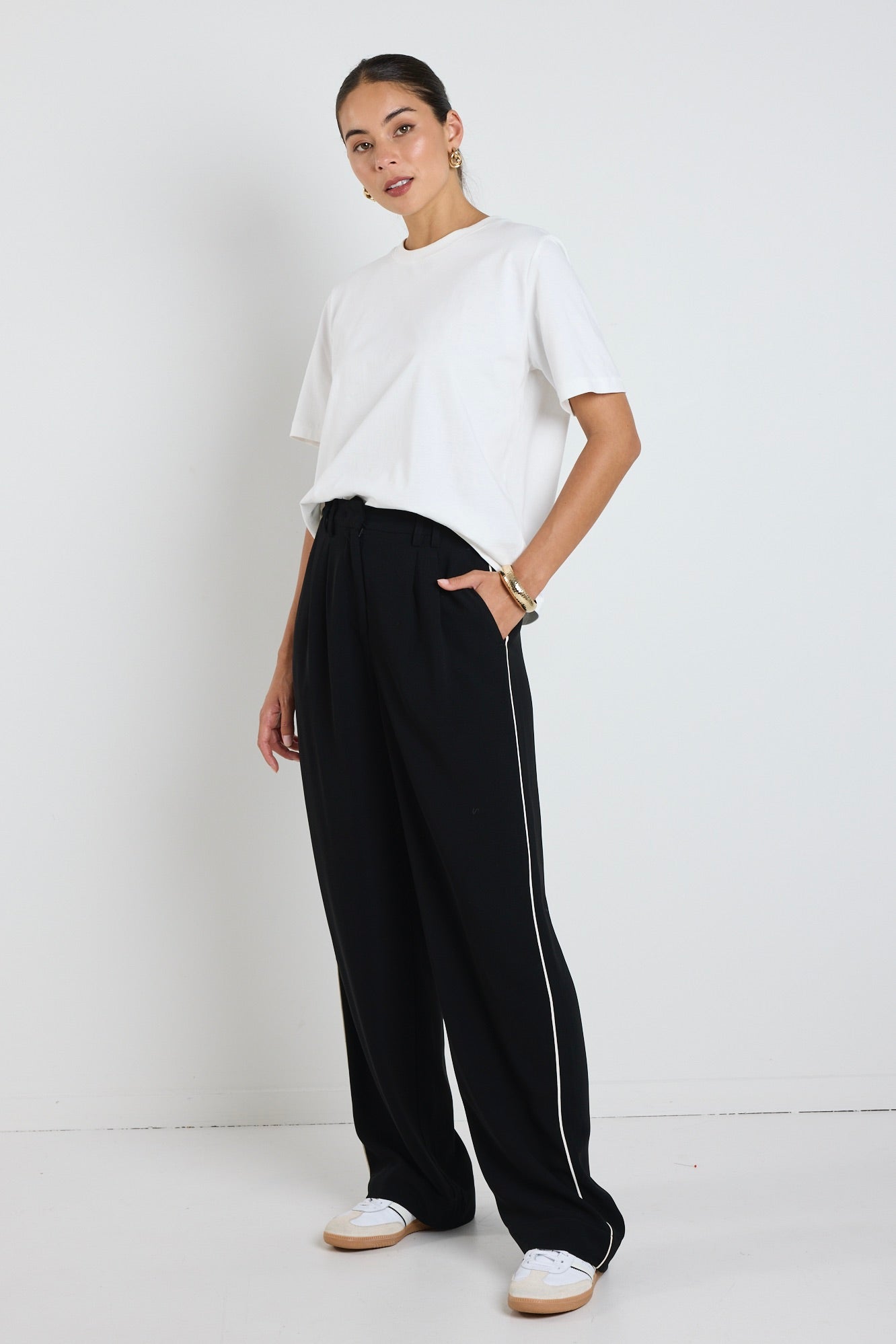 Stylish Collective Black Piped Trim Pants for Women - High Waisted Office Trousers with Side Stripes - Perfect for Work, Business Casual & Professional Outfits