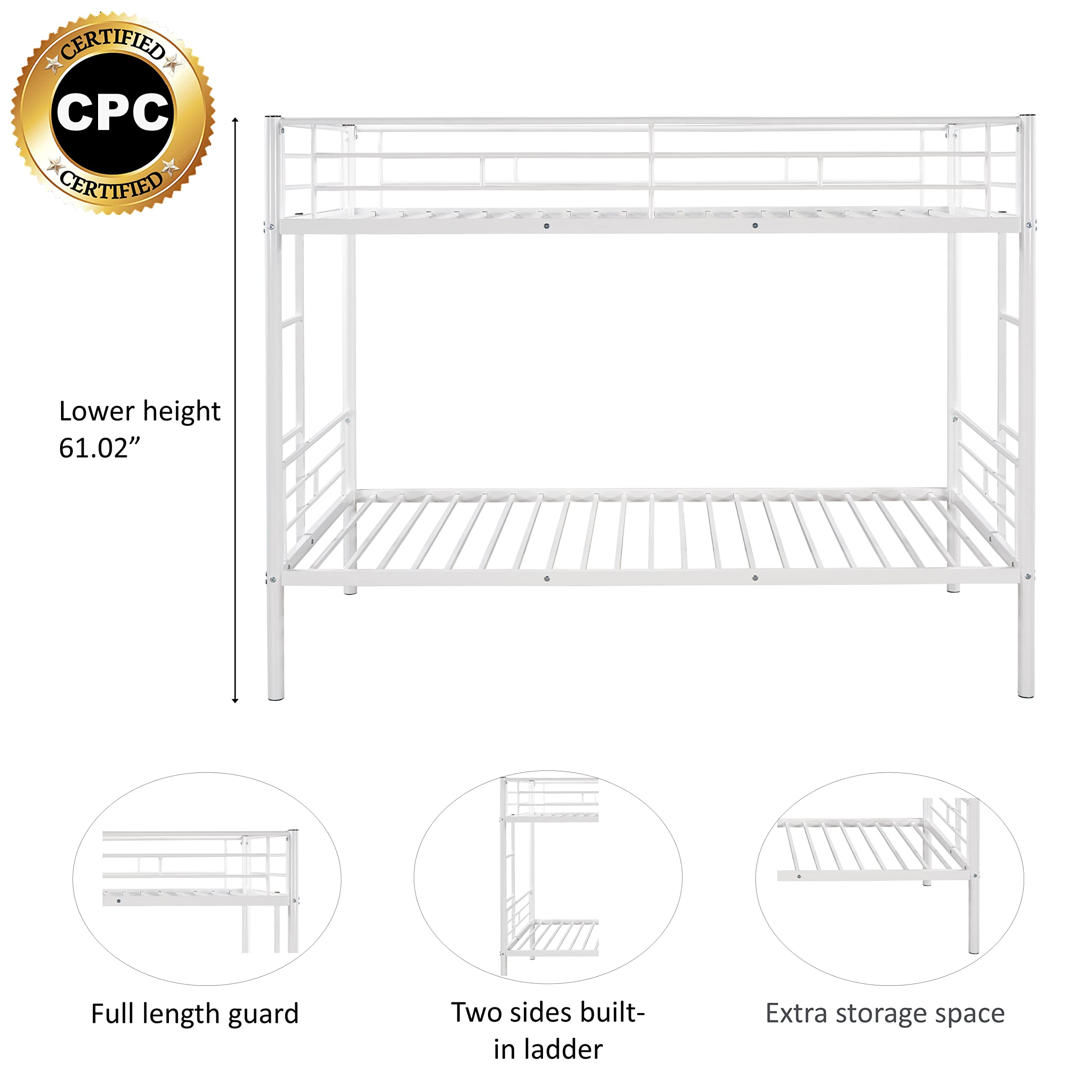 Twin Over Twin Metal Bunk Bed with Ladder & Safety Rail - Convertible to 4 Separate Beds - Space-Saving Kids & Guest Room Solution
