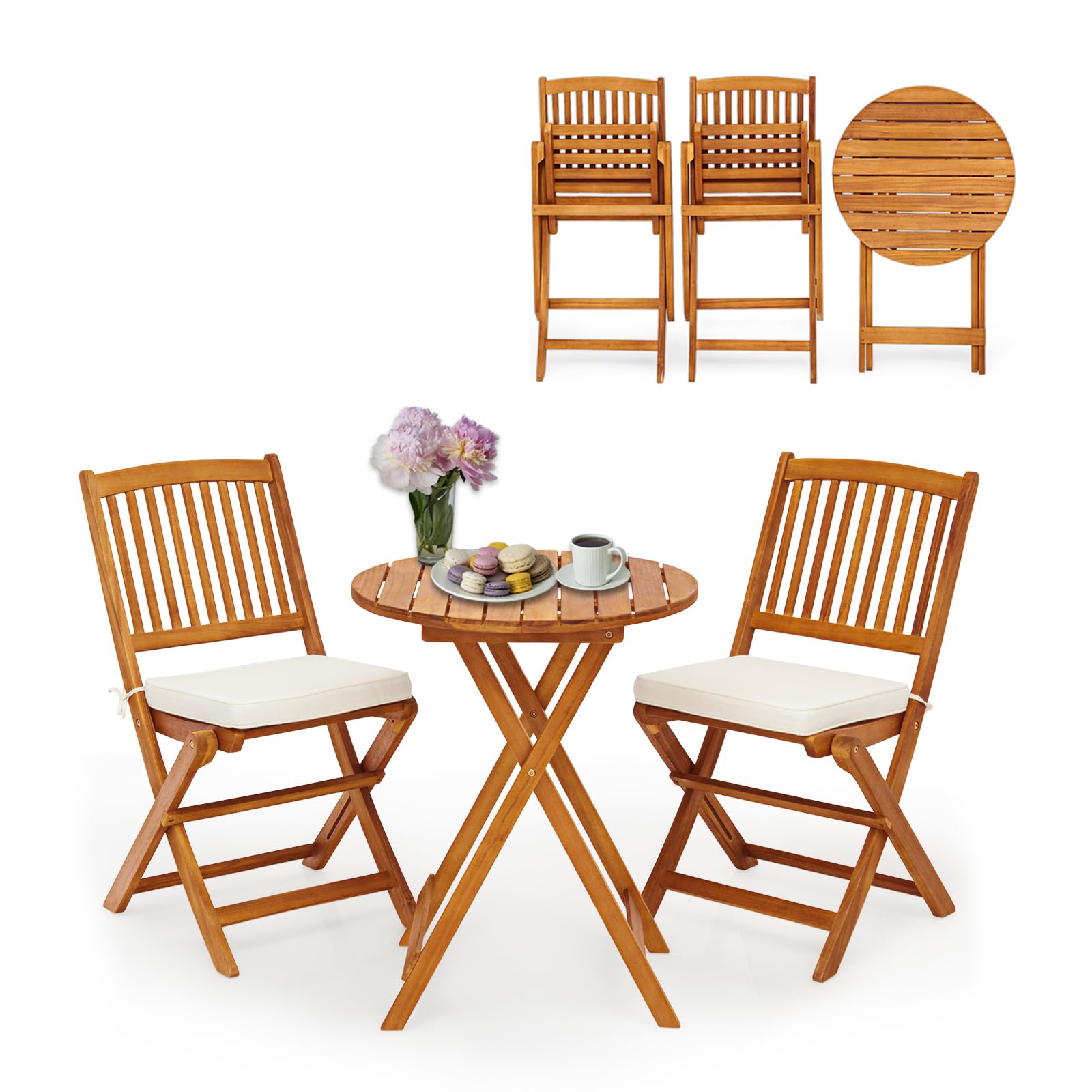 S AFSTAR 3-Piece Acacia Wood Patio Bistro Set with Folding Chairs, Round Coffee Table & Padded Cushions - Outdoor Dining Set for Garden, Balcony, Poolside, Porch & Backyard (Beige) - Perfect for Morning Coffee, Afternoon Tea, and Relaxing Evenings