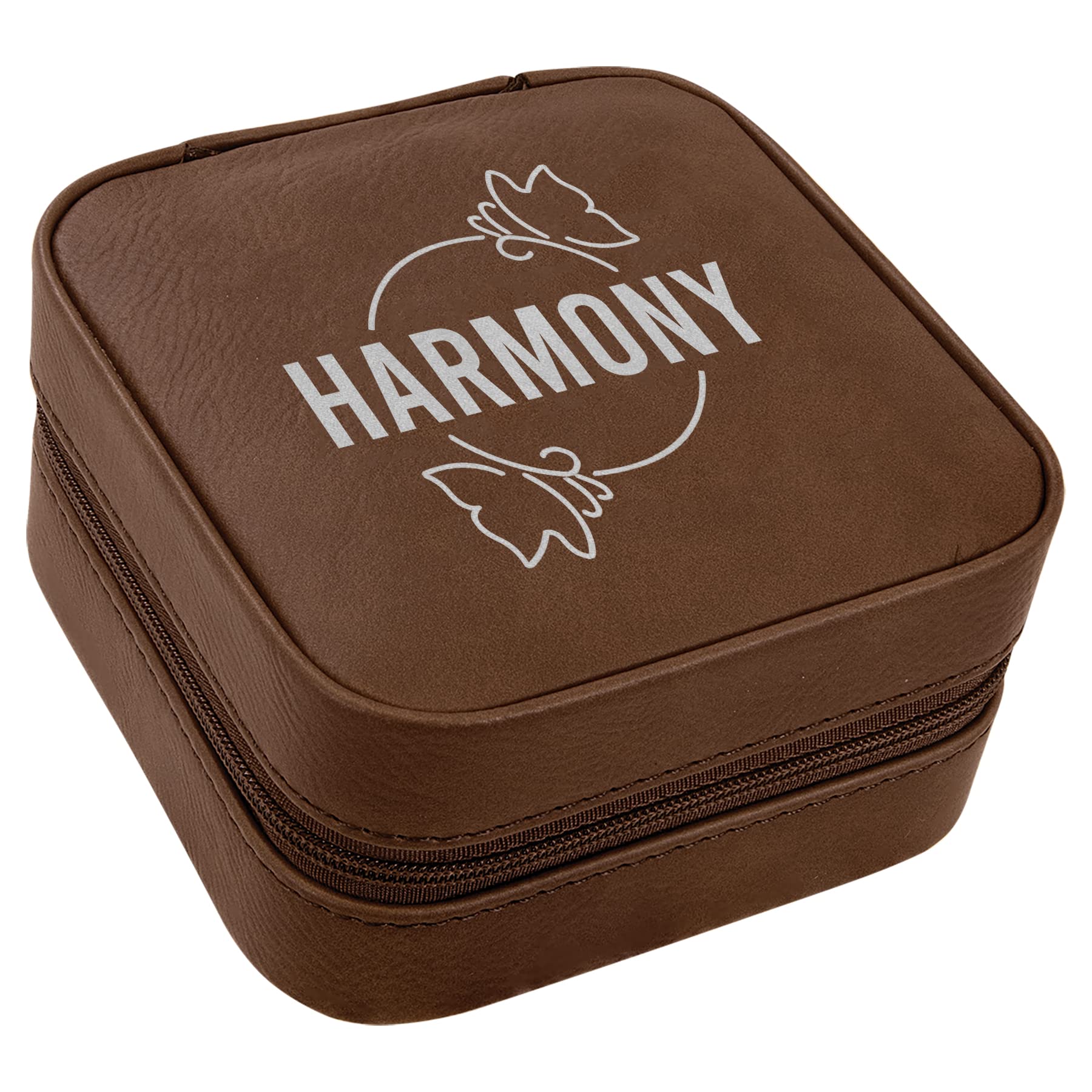 Personalized Engraved Jewelry Box for Women - Dark Brown Travel Jewelry Organizer with Custom 'Harmony' Design - Elegant Jewelry Storage Gift for Her - Perfect for Travel, Home Decor & Special Occasions