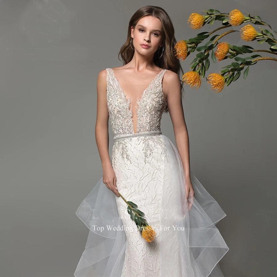 2024 Sexy Mermaid Wedding Dress with Detachable Train - Shimmering Beaded V-Neck Backless Sleeveless Bridal Gown for Beach, Church & Formal Weddings