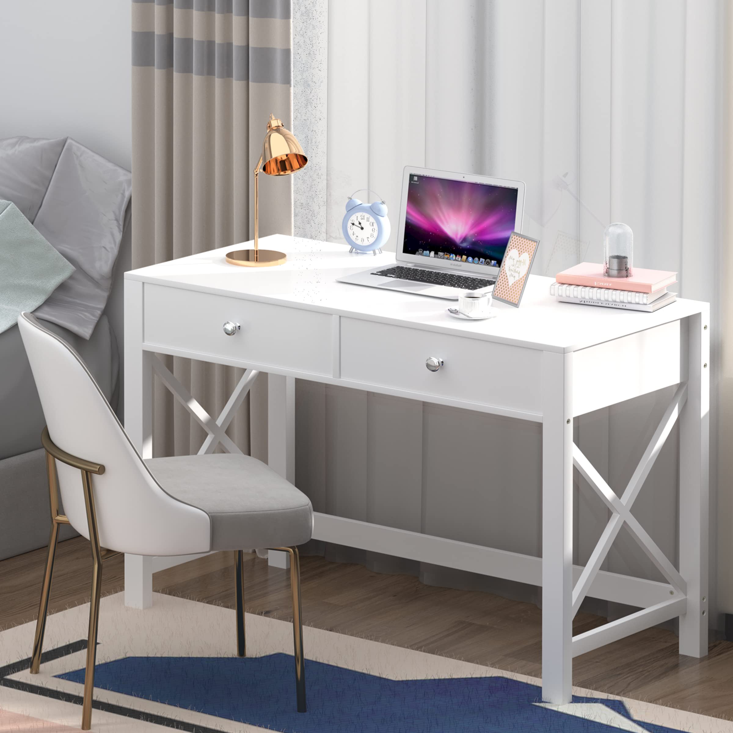 EdMaxwell WiberWi Home Office Desk with Drawers - White Modern Writing Computer Desk, Small Makeup Vanity Table for Bedroom & Study Desk for Home Office - Perfect for Remote Work, Online Classes & Makeup Application