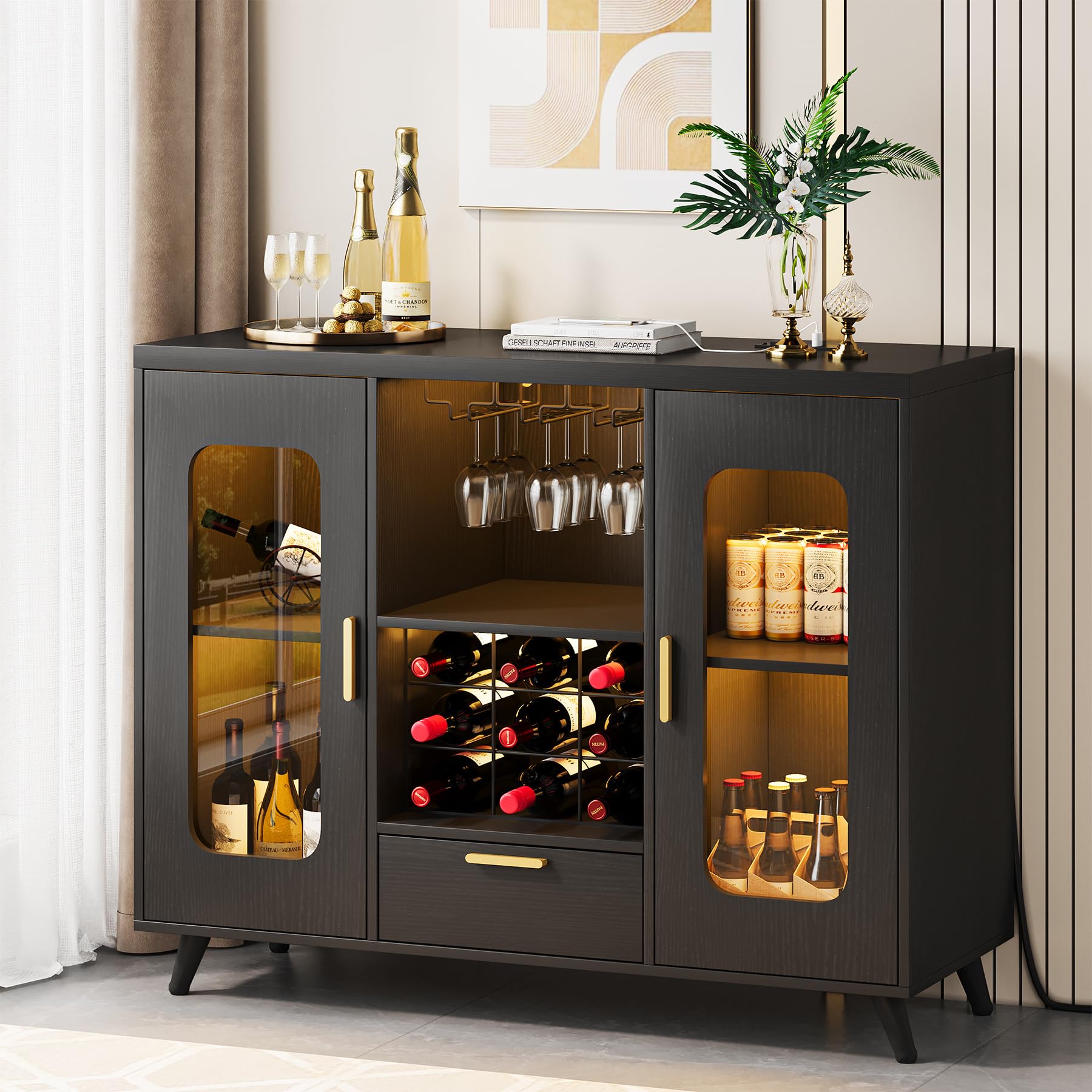 Modern Wine Bar Cabinet with LED Lights & Power Outlet - Coffee Liquor Cabinet with Wine Rack & Glass Holder - Buffet Sideboard for Dining Room, Living Room & Kitchen (Black) - Perfect for Home Entertaining & Stylish Storage